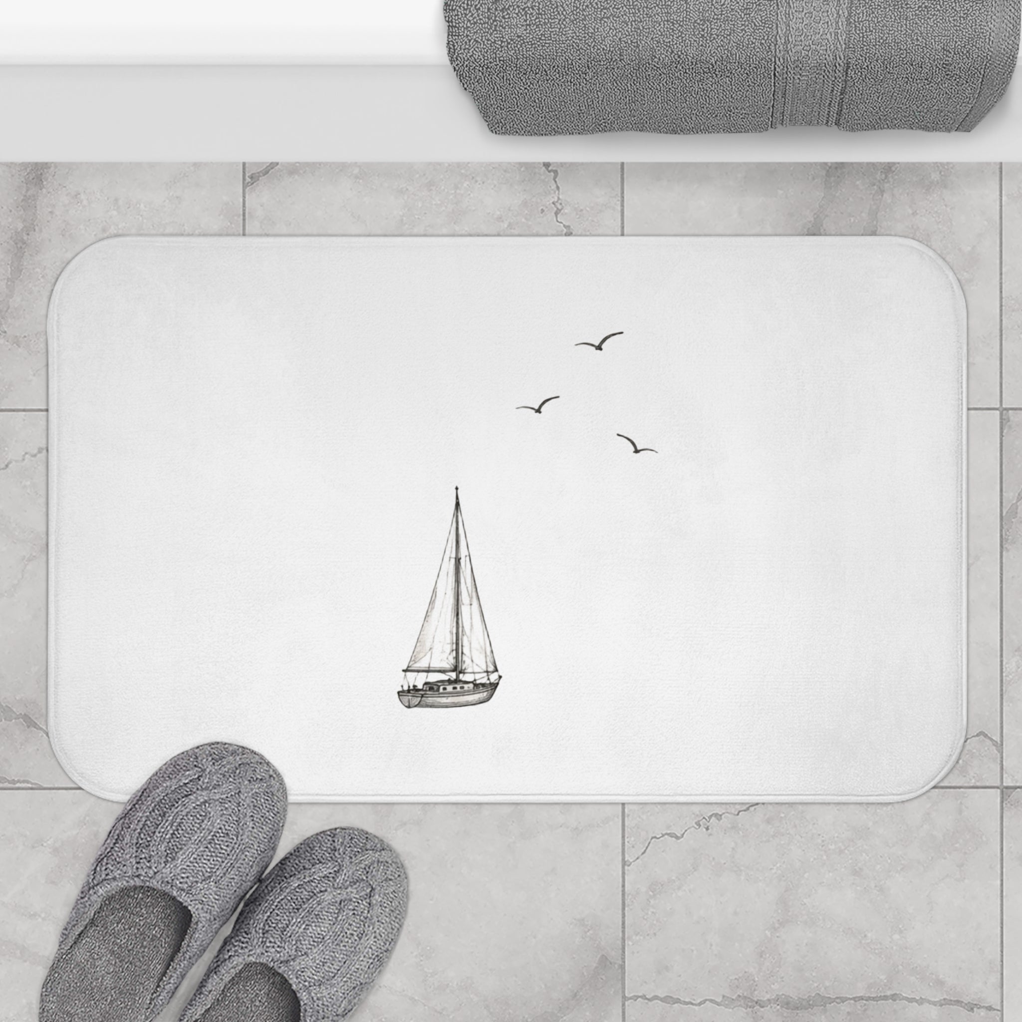 Sailboat Sketch Bath Mat — Nautical Bathroom Rug - Solen