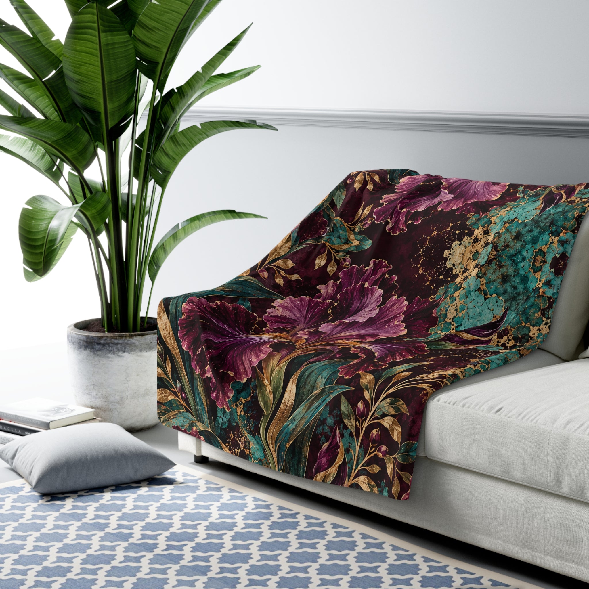 Floral Vintage Sherpa Blanket — Plush Purple Iris & Teal Botanical Throw