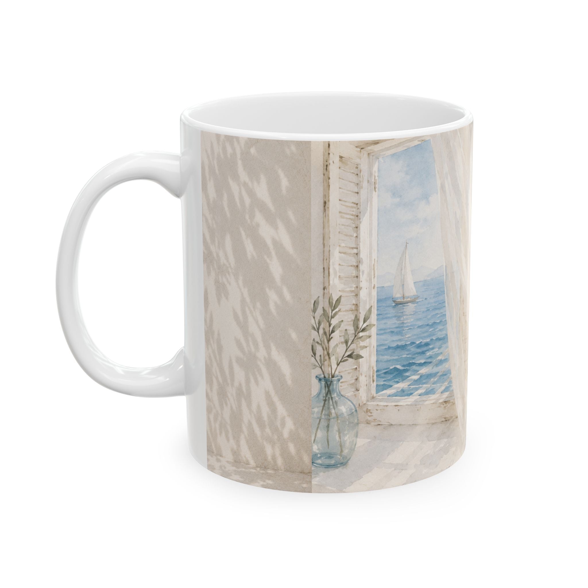 Mediterranean Coastal Mug, Seaside Window Coffee Cup, Watercolor Ocean Mug, Greek Island Kitchen Decor, Coastal Gift