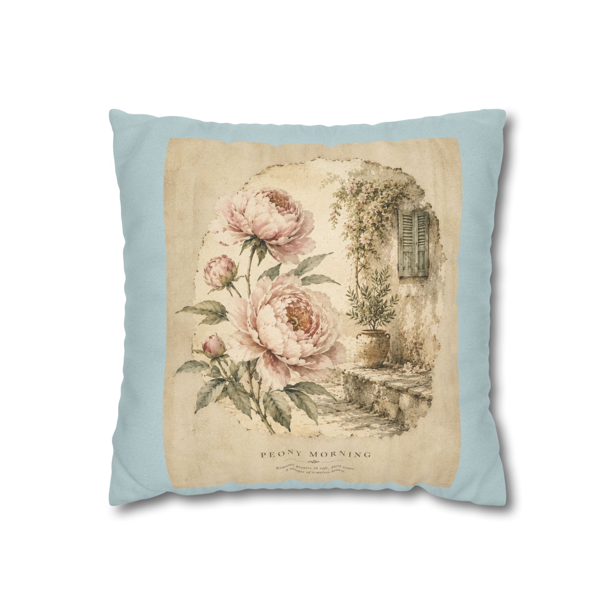 Peony Morning Throw Pillow Cover - Vintage Floral Cottagecore Cushion - Romantic Botanical Home Decor - Sage Blue Farmhouse Accent Pillow - Solen