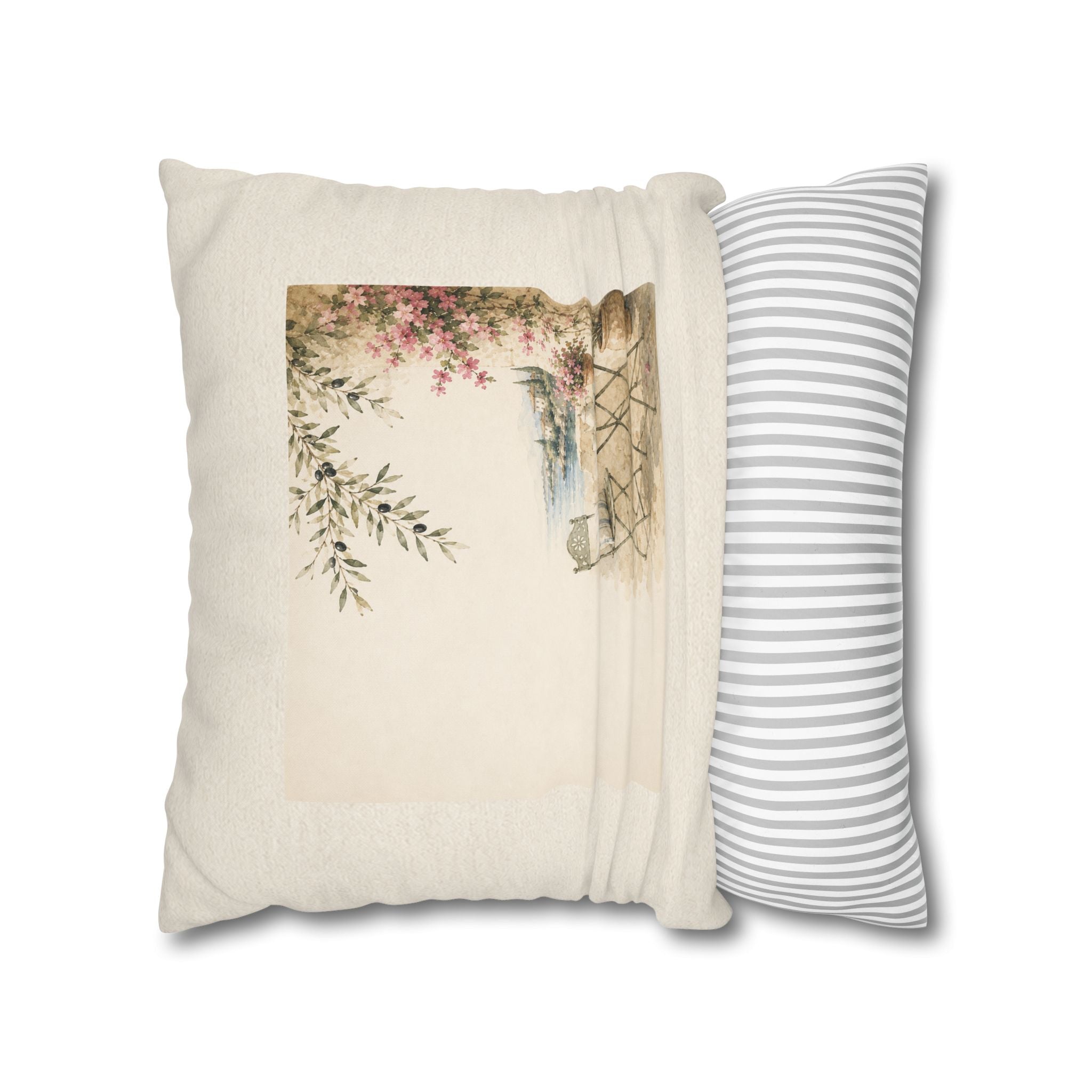 Mediterranean Terrace Illustration Throw Pillow Cover, Coastal Cafe Scene Cushion, Vintage Watercolor Sea View Decor, Square Pillow, Solen