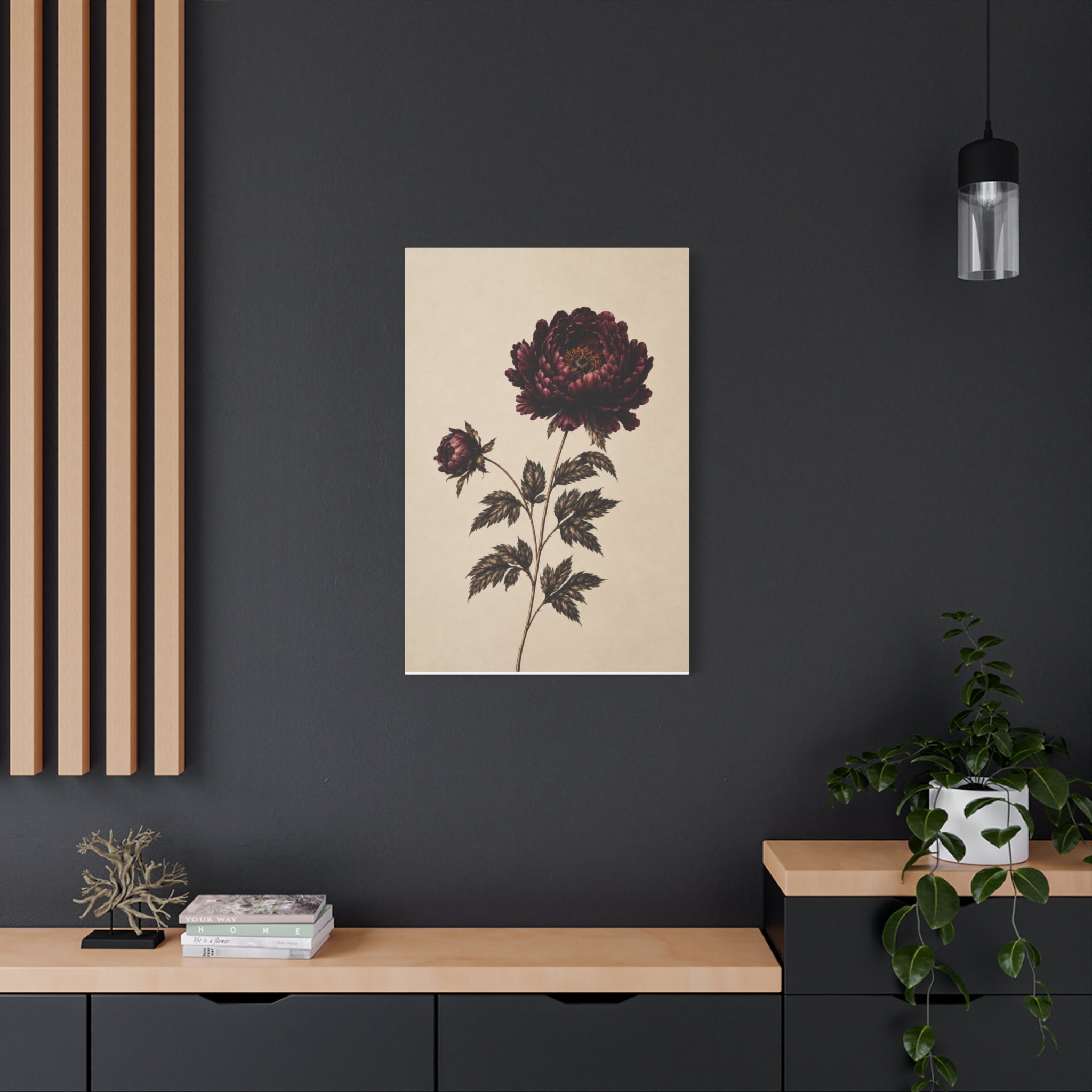 Vintage Botanical Canvas Print, Burgundy Chrysanthemum Wall Art, Dark Academia Floral Decor, Moody Antique Flower Art, Solen