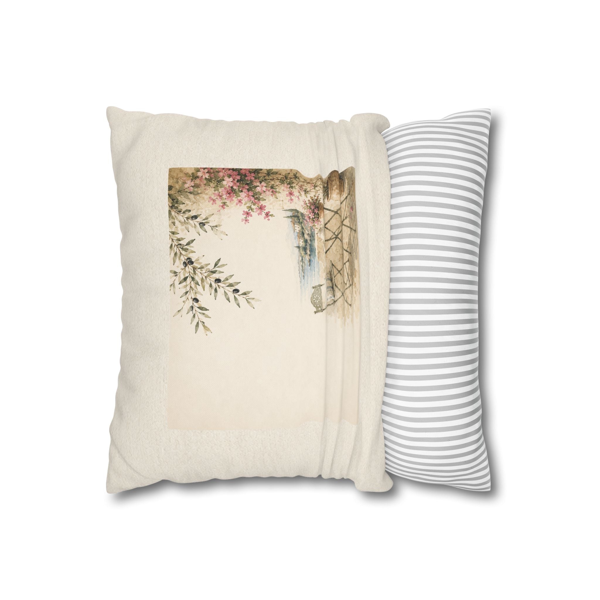 Mediterranean Terrace Illustration Throw Pillow Cover, Coastal Cafe Scene Cushion, Vintage Watercolor Sea View Decor, Square Pillow, Solen