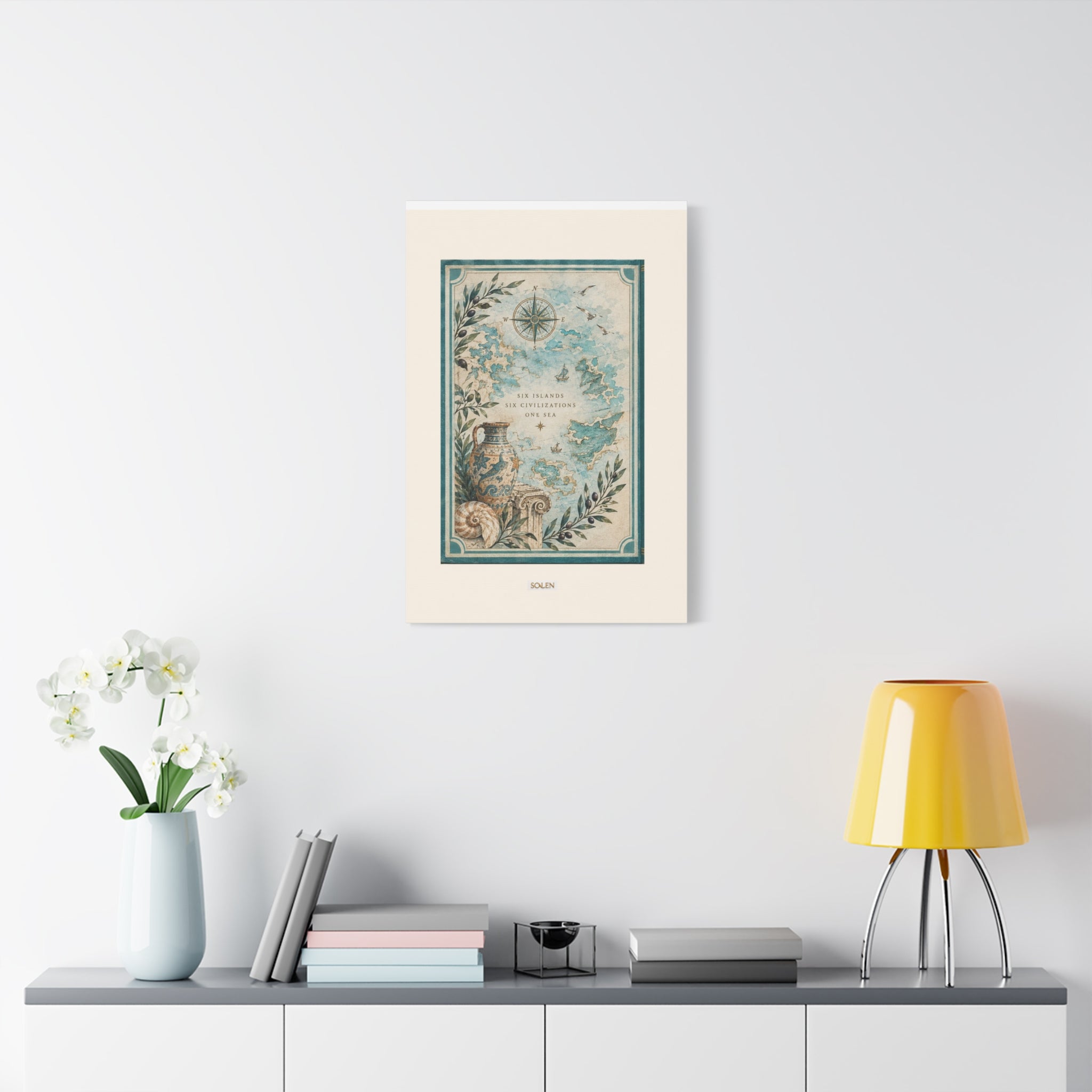 Coastal Map Canvas Print, Six Islands Mediterranean Wall Art, Vintage Sea Chart Decor, Ancient Civilizations Map Art, Solen