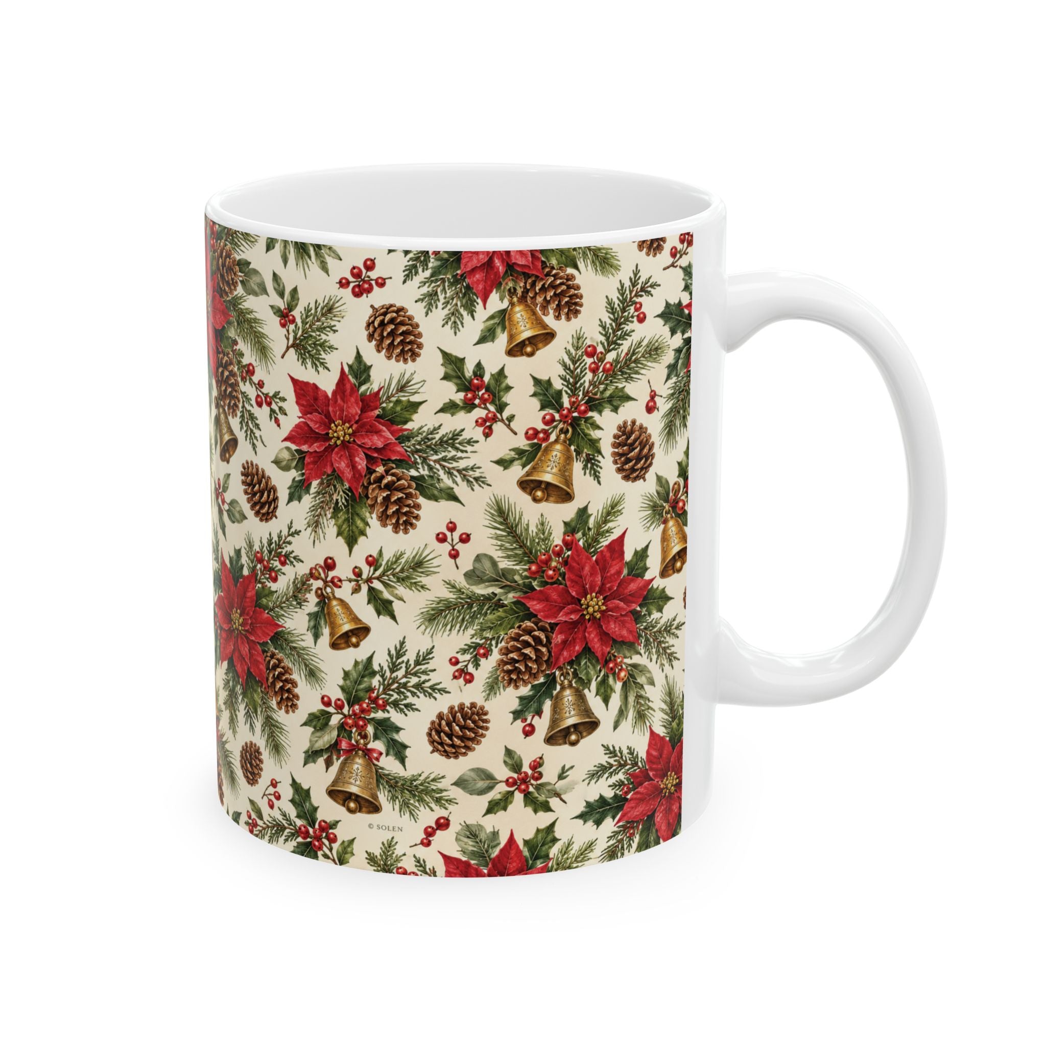 Poinsettia & Pinecone Christmas Mug – Festive Holiday Ceramic Coffee Cup (11oz, 15oz)