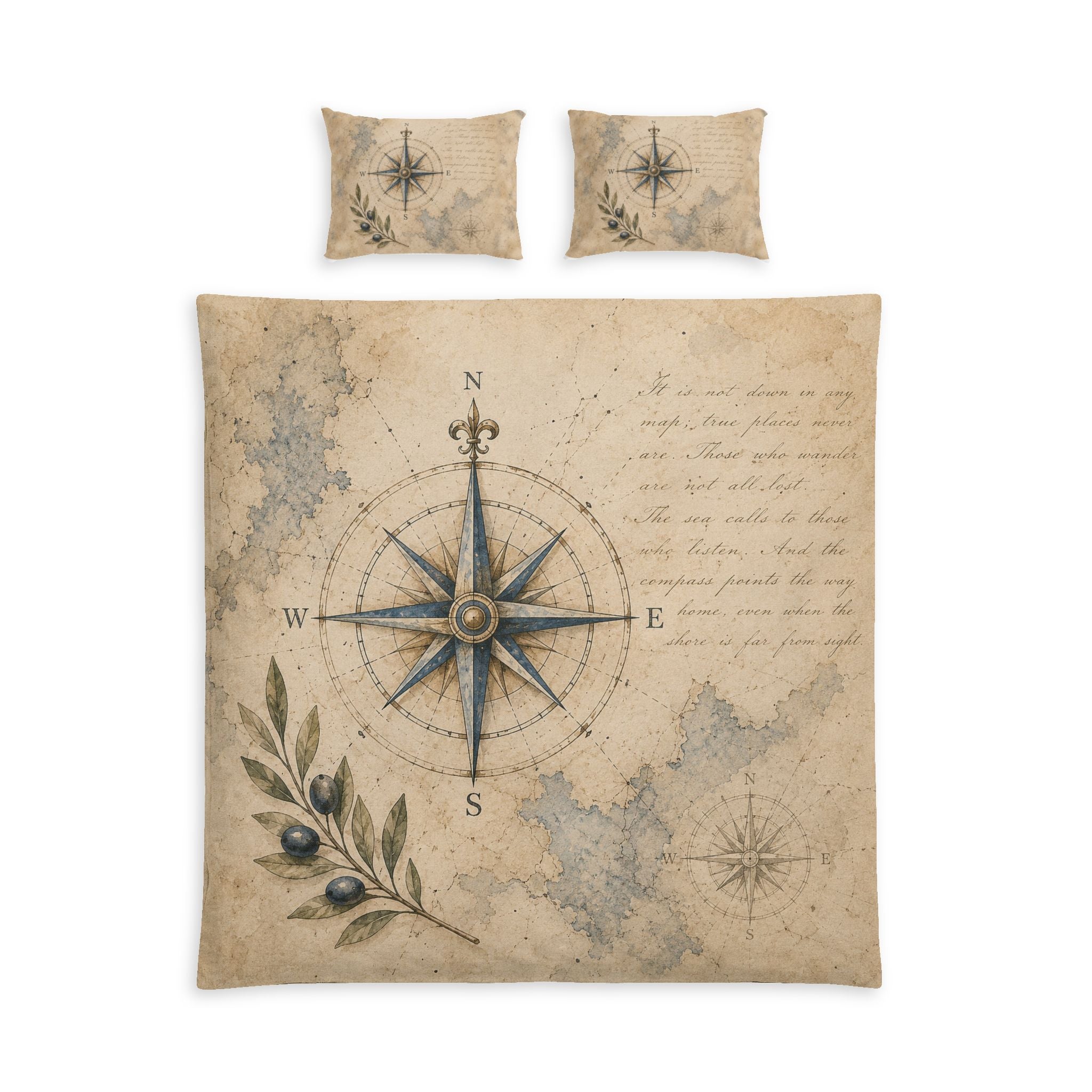 Old Compass Queen Duvet Cover Set, Vintage Nautical Cotton Bedding, Compass Rose Design, 2 Pillow Shams