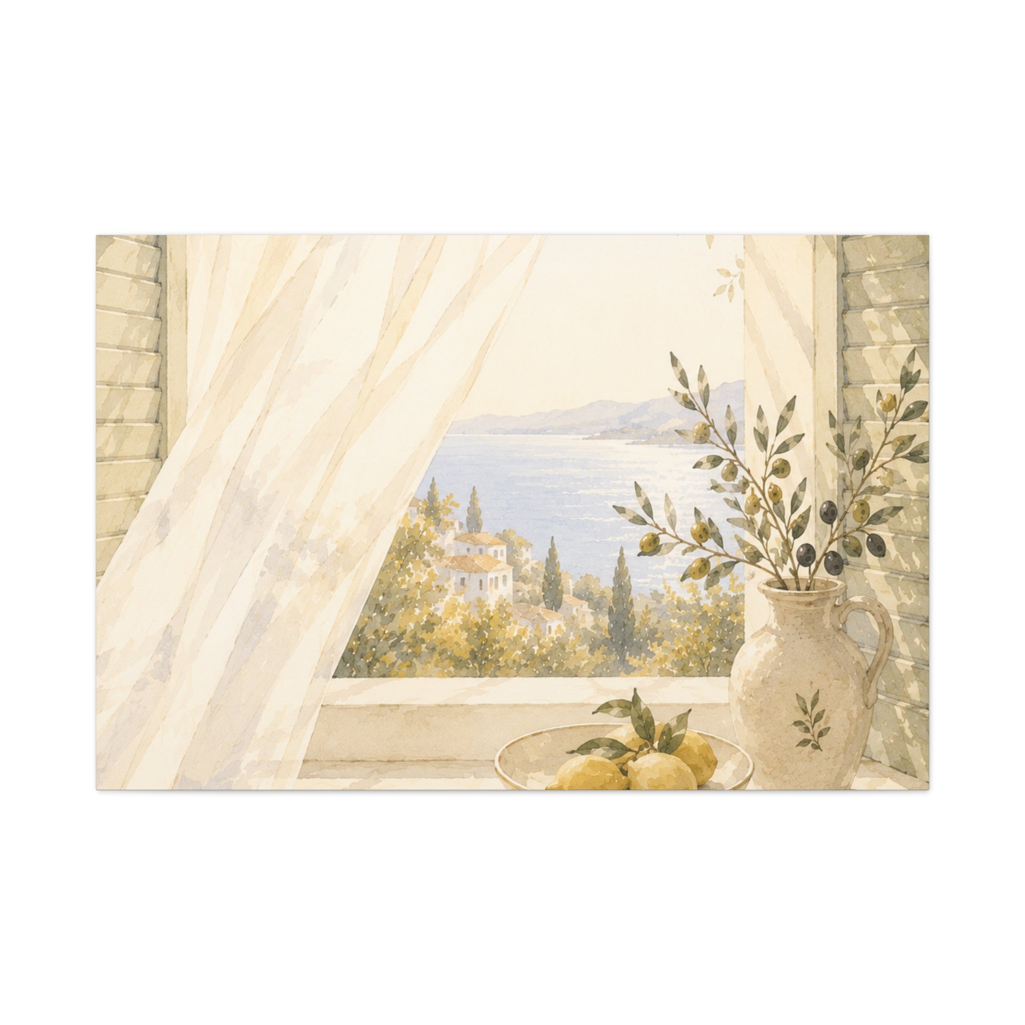 Golden Morning Window Canvas Wall Art, Mediterranean Lemon & Olive Print, Sunlit Linen Curtain Coastal Decor, Window Stories, Solen