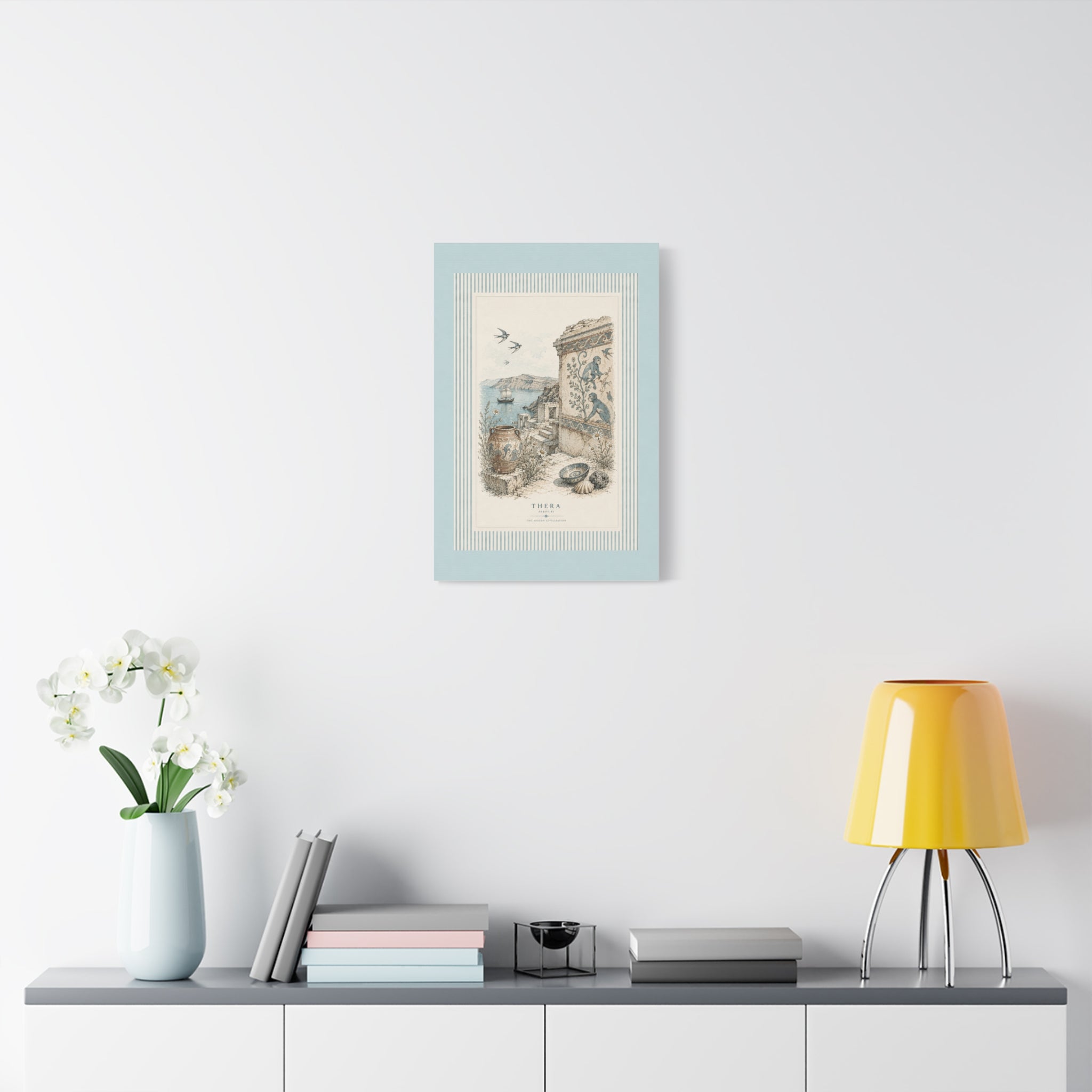 Thera Aegean Fresco Canvas Wall Art | Ancient Minoan Monkey & Ruins Illustration | Coastal Blue Home Decor, Solen