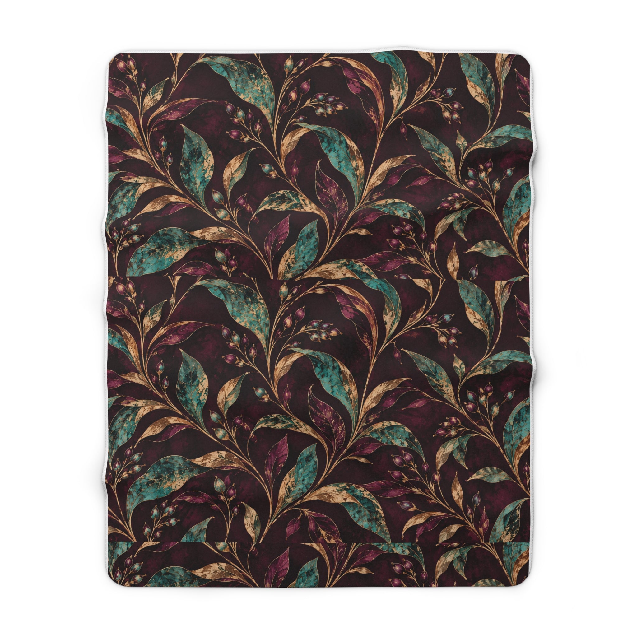 Burgundy Botanical Sherpa Fleece Blanket, Teal Gold Leaf Throw, Cozy Plush Blanket for Couch Bed, Housewarming Gift, Fall Home Decor