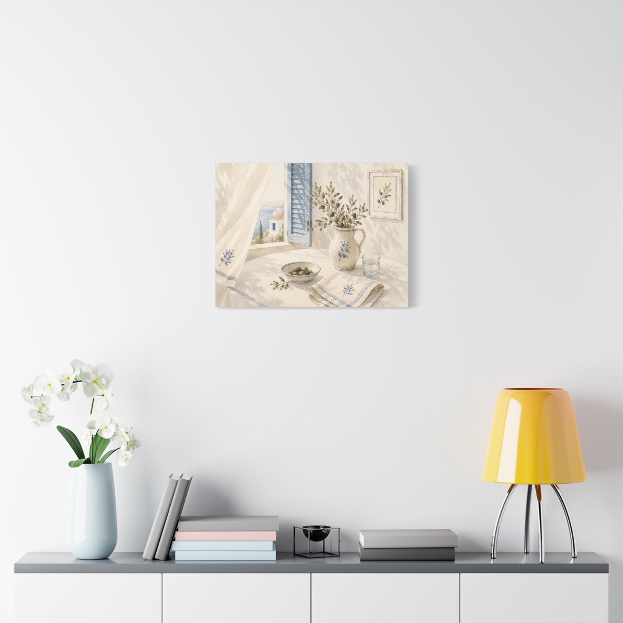 Mediterranean Window Canvas Wall Art, Blue Shutters & Olive Branch Print, Coastal Ceramic Still Life Decor, Window Stories, Solen