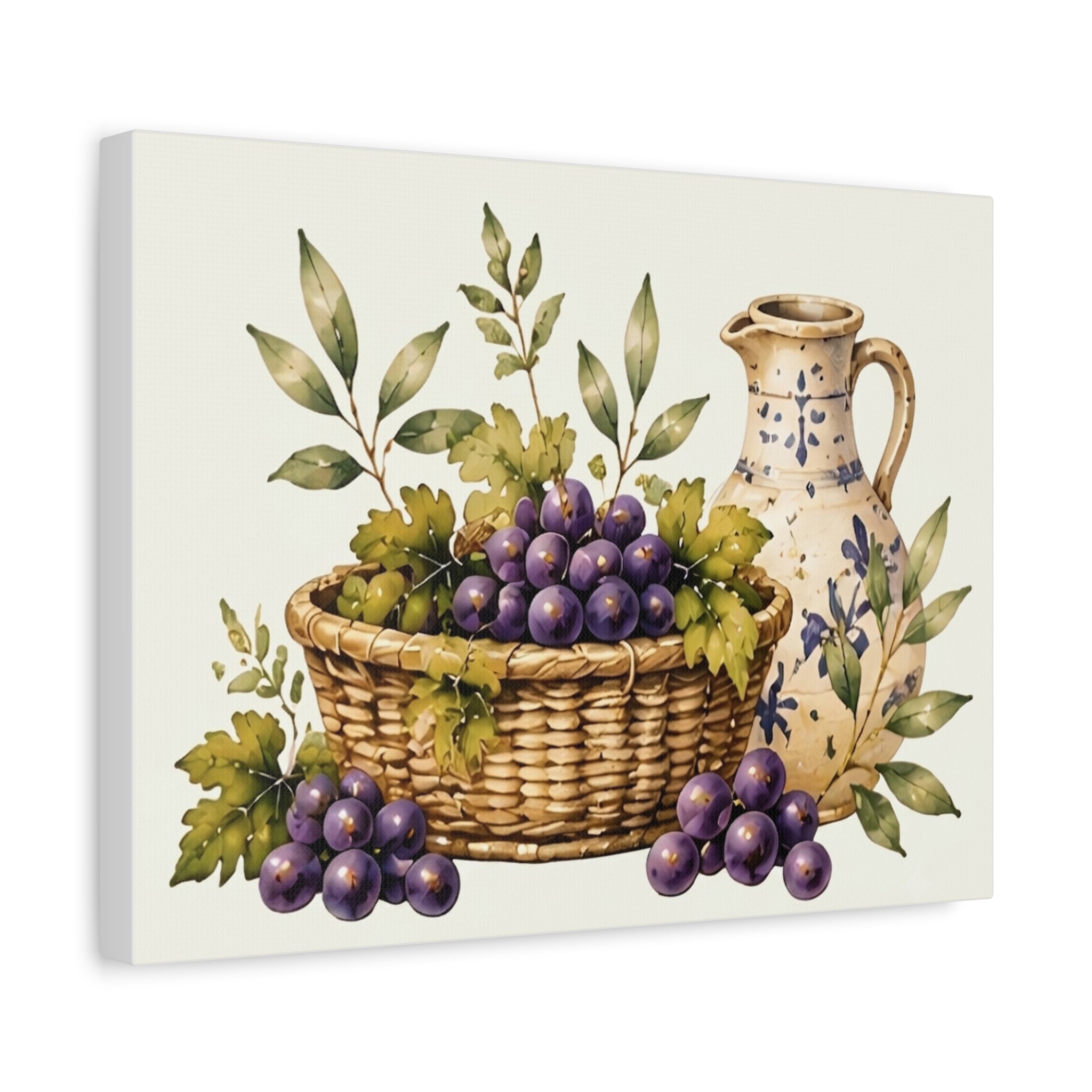 Grapes & Pitcher Matte Canvas Wall Art, Rustic Tuscan Kitchen Decor, Vintage Fruit Still Life Print, Dining Room Art, Solen