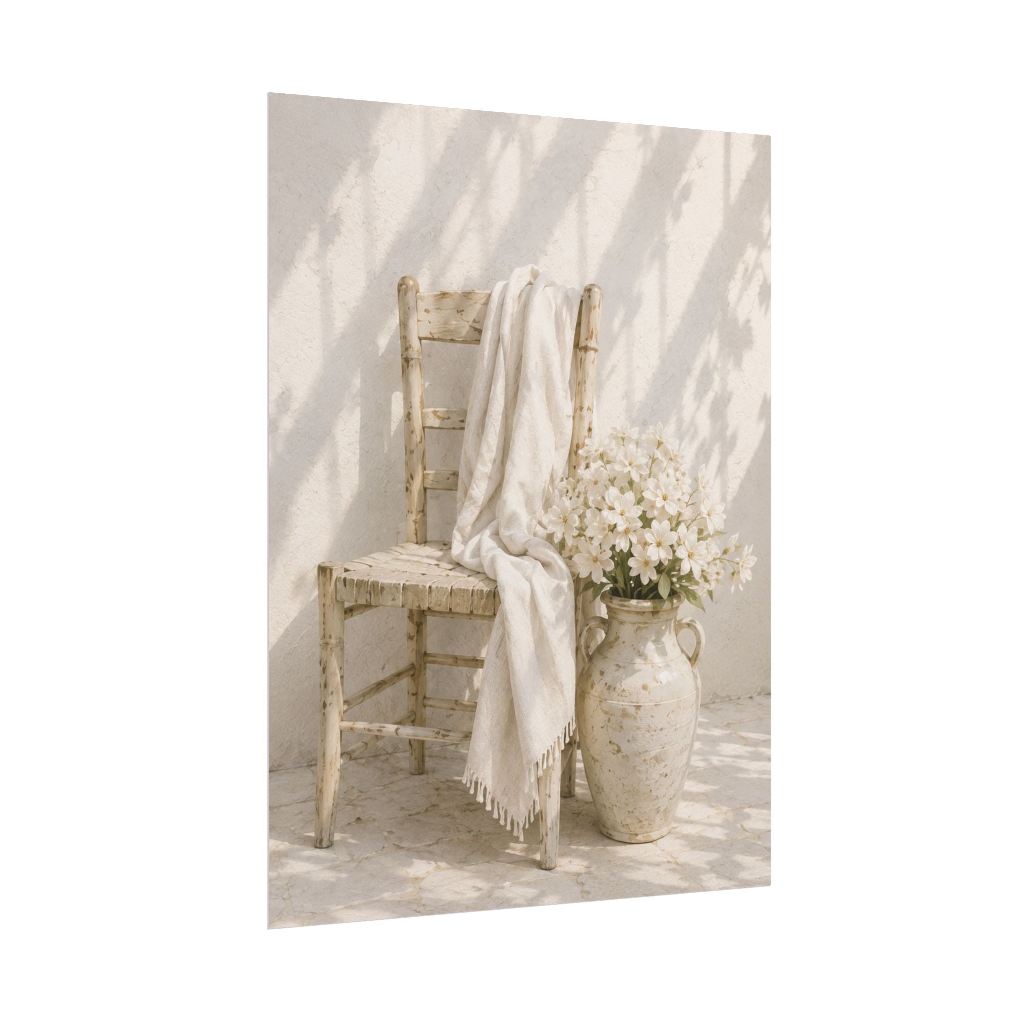 Mediterranean Poster, Neutral Coastal Wall Art, Rustic Chair & White Flowers Print, Minimalist Mediterranean Home Decor, Solen