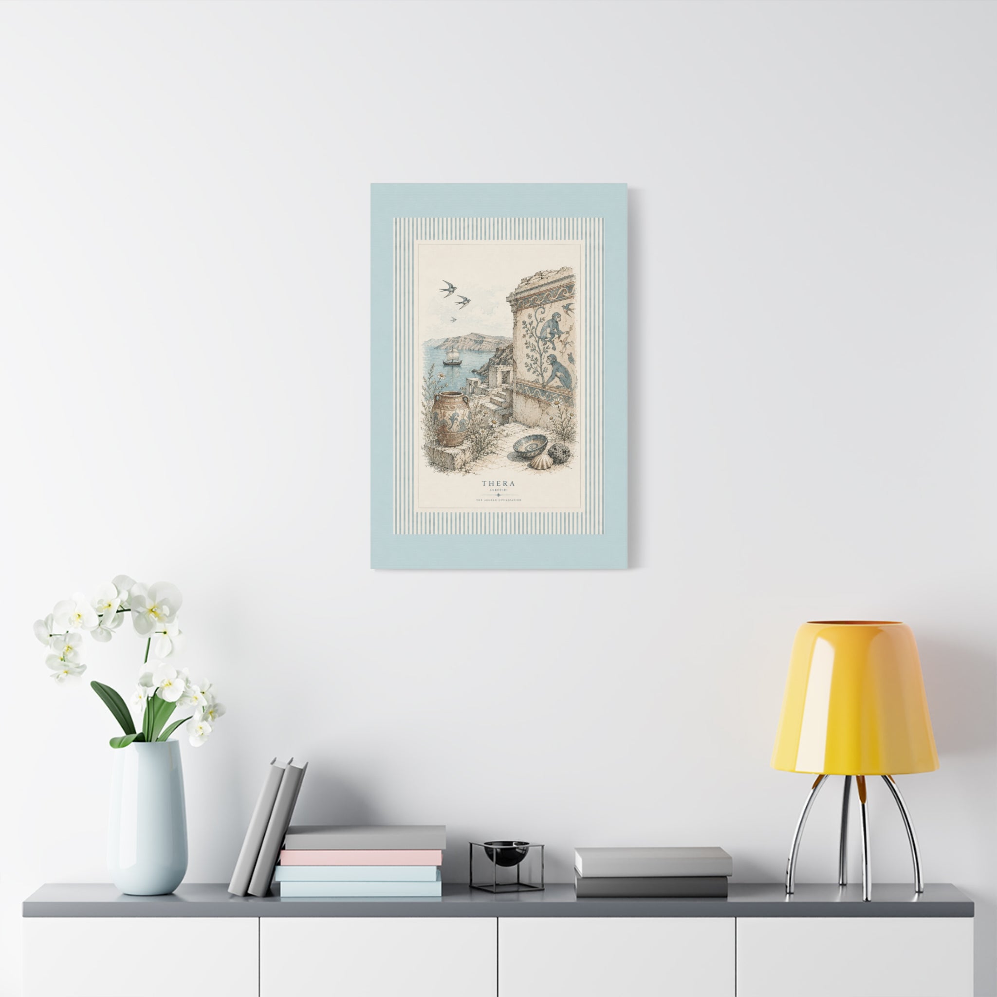 Thera Aegean Fresco Canvas Wall Art | Ancient Minoan Monkey & Ruins Illustration | Coastal Blue Home Decor, Solen