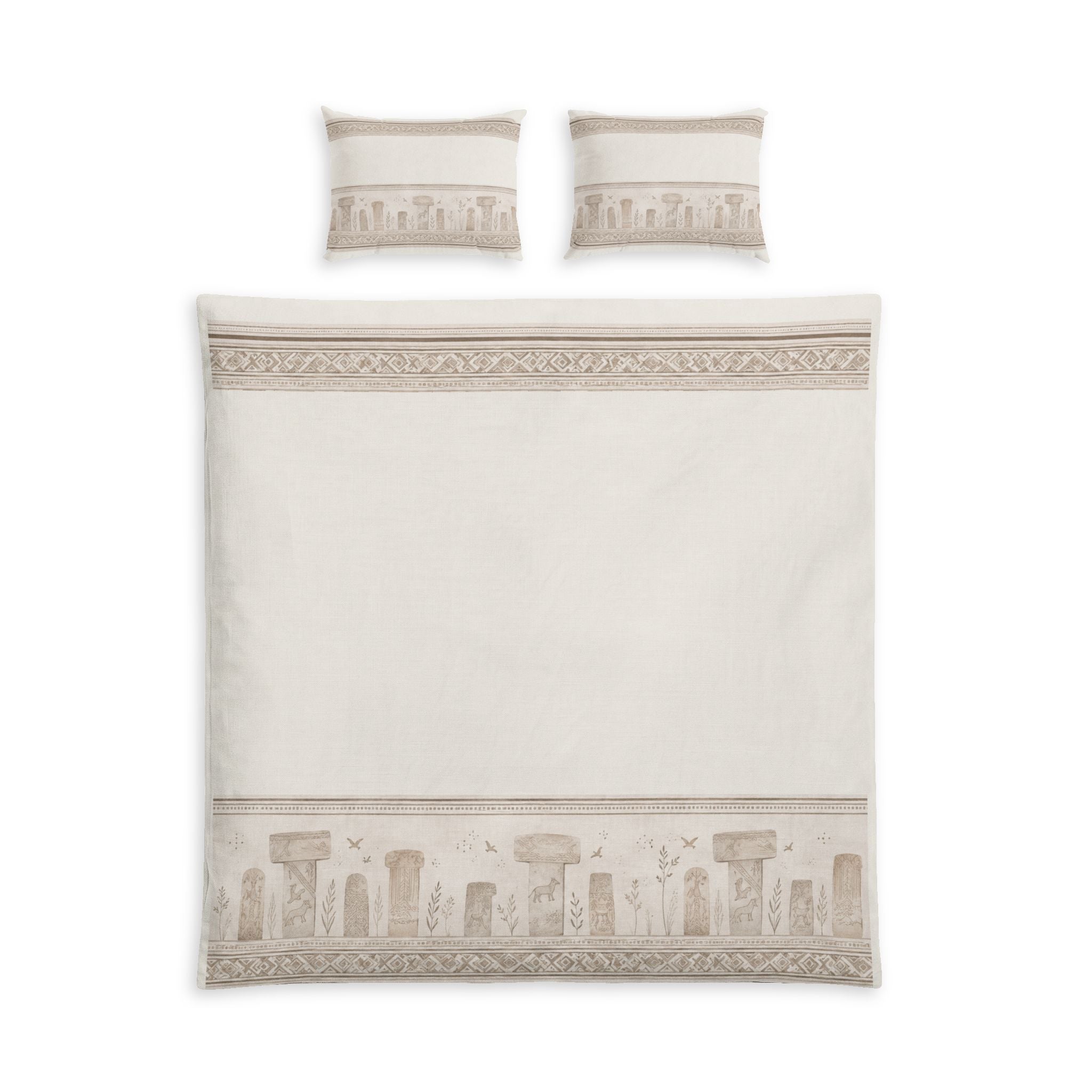 Göbeklitepe Symbol Border Duvet Set, Ancient Anatolian Cotton Bedding, Neutral Beige Bedroom Decor, Historical Bed Set, Solen