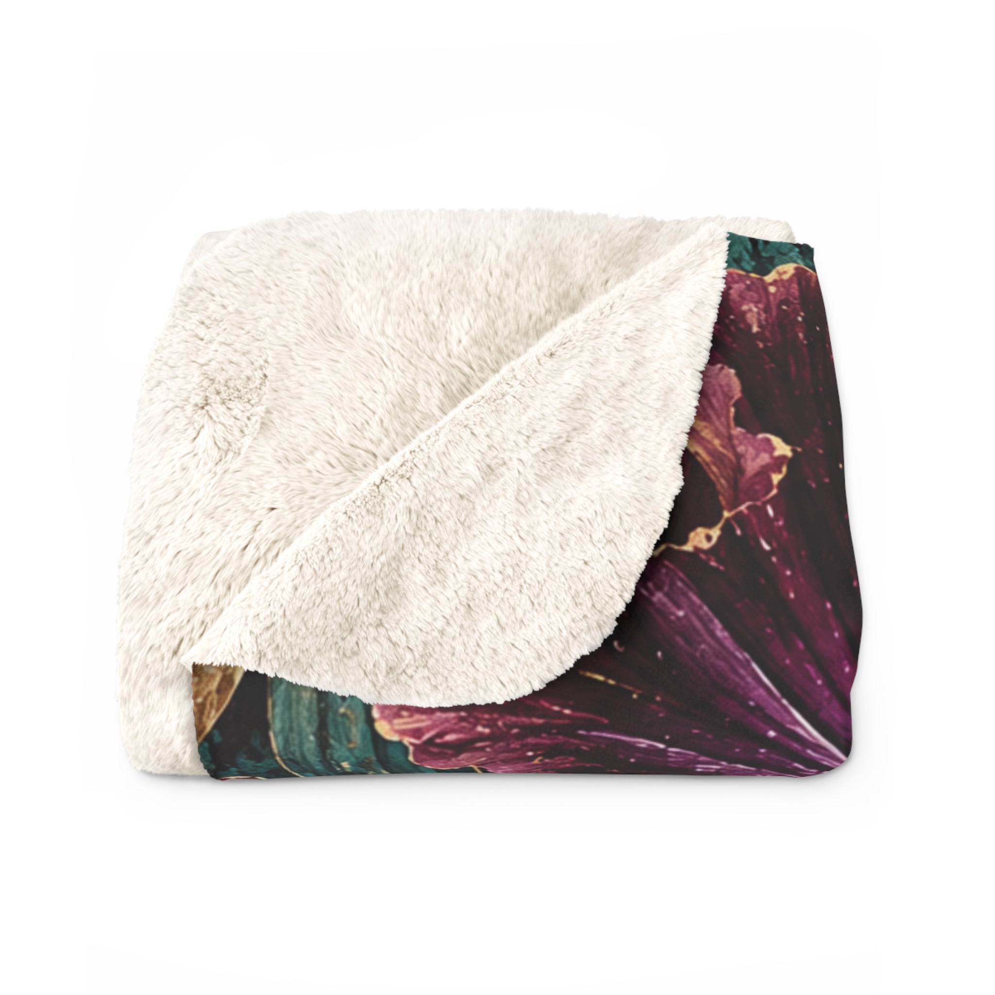 Floral Vintage Sherpa Blanket — Plush Purple Iris & Teal Botanical Throw