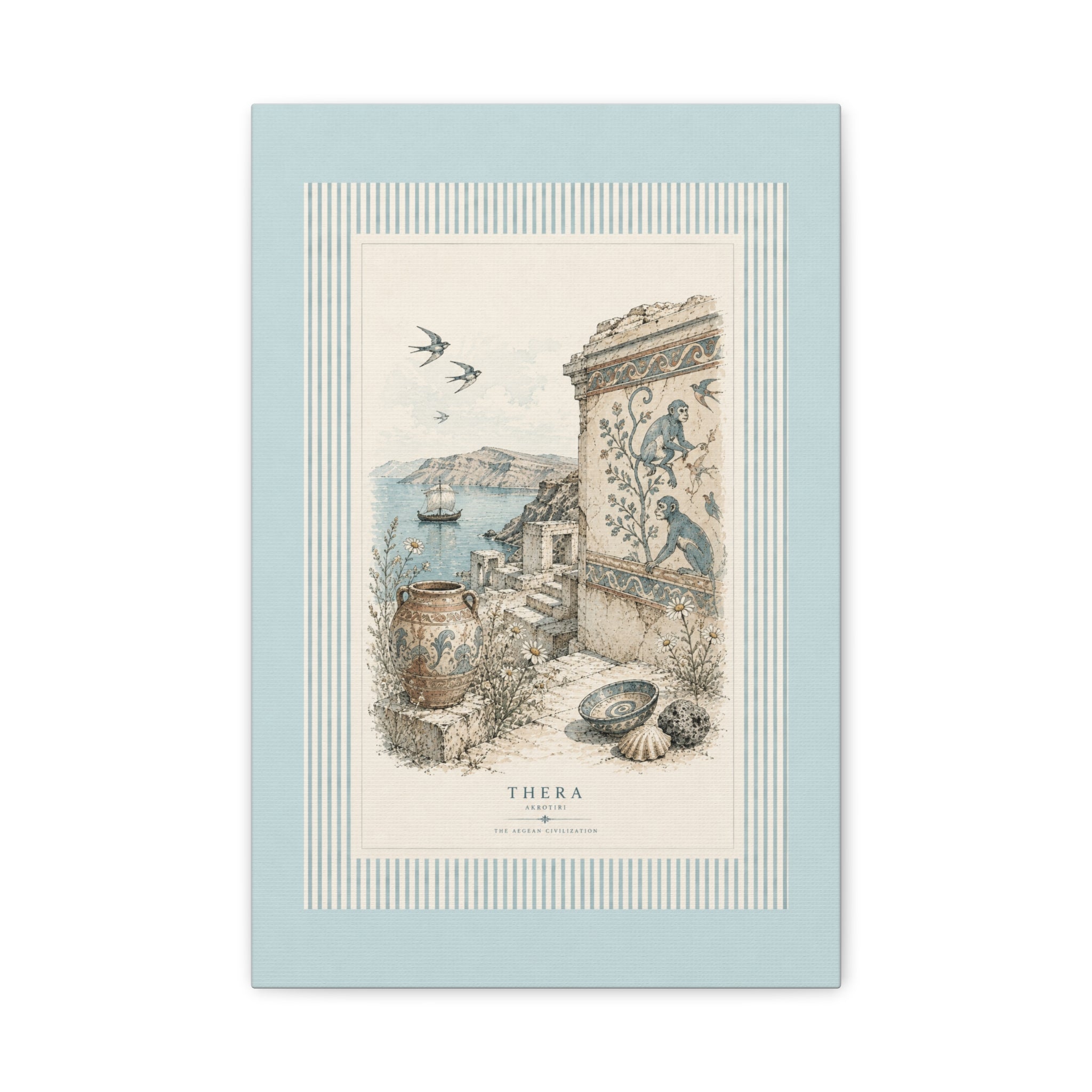 Thera Aegean Fresco Canvas Wall Art | Ancient Minoan Monkey & Ruins Illustration | Coastal Blue Home Decor, Solen
