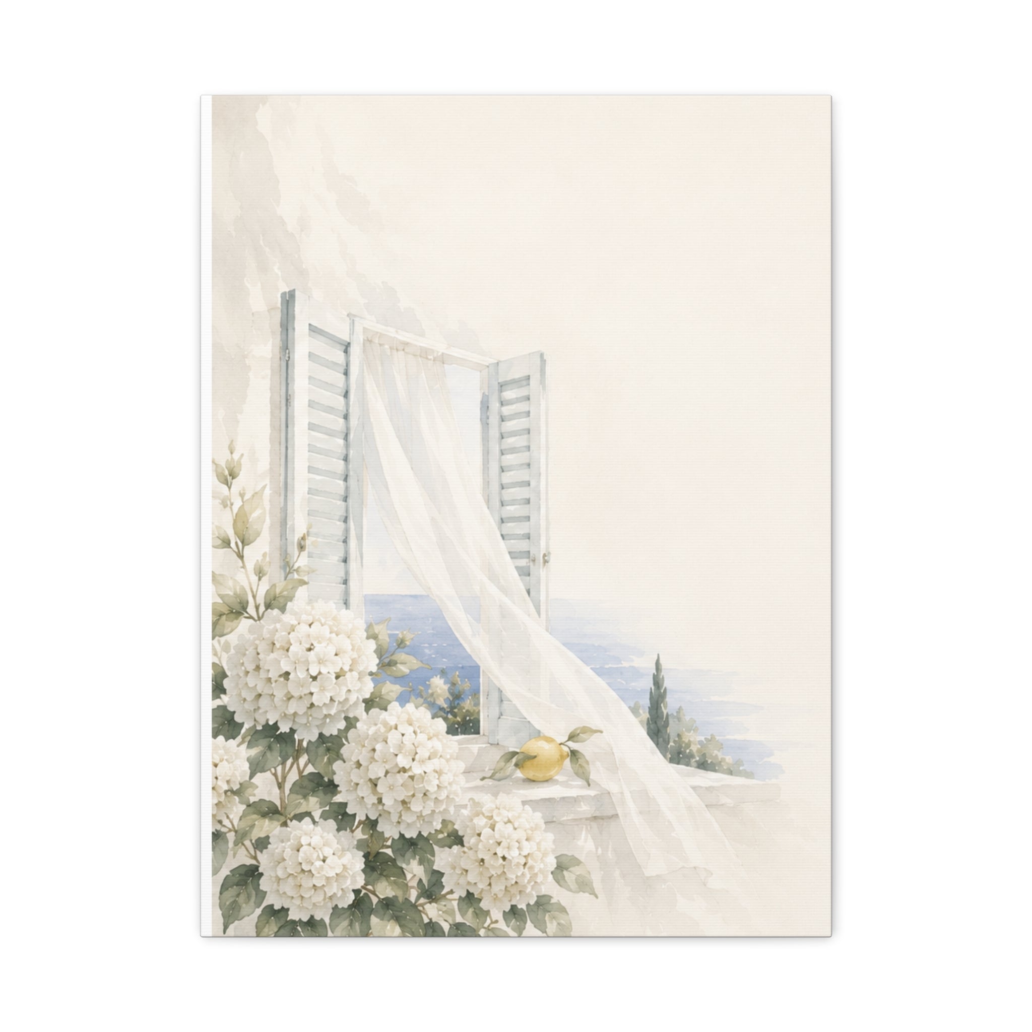 Open Shutters Coastal Window Canvas Wall Art, White Summer Sea View Print, Mediterranean Balcony Decor, Airy Beach Art, Solen