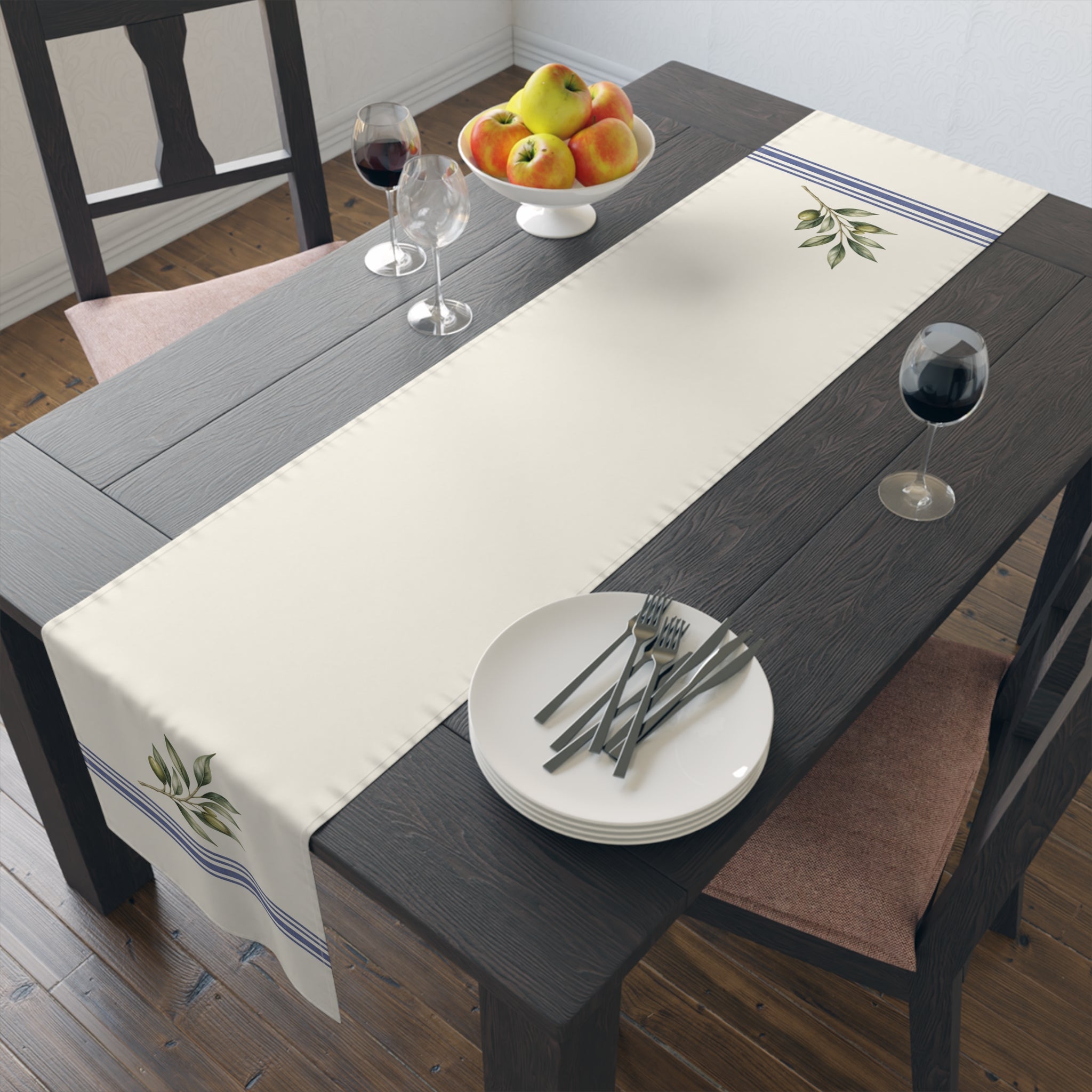 Olive Branch Farmhouse Table Runner, Cotton Mediterranean Runner, Rustic Green Kitchen Decor, Neutral Dining Linen, Solen