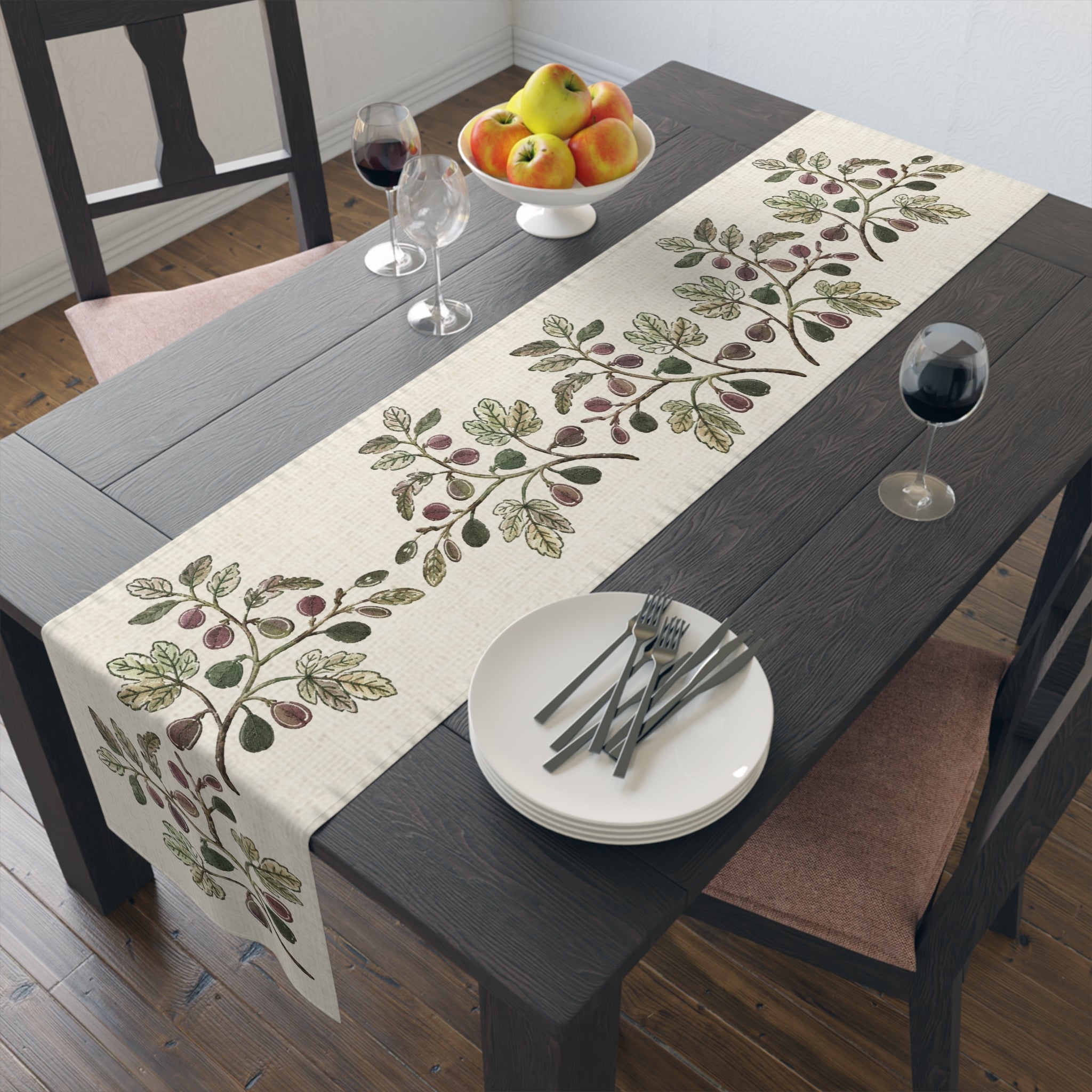 Fig Branch Botanical Table Runner, Cotton Mediterranean Runner, Neutral Fig Tree Kitchen Decor, Rustic Dining Linen, Solen