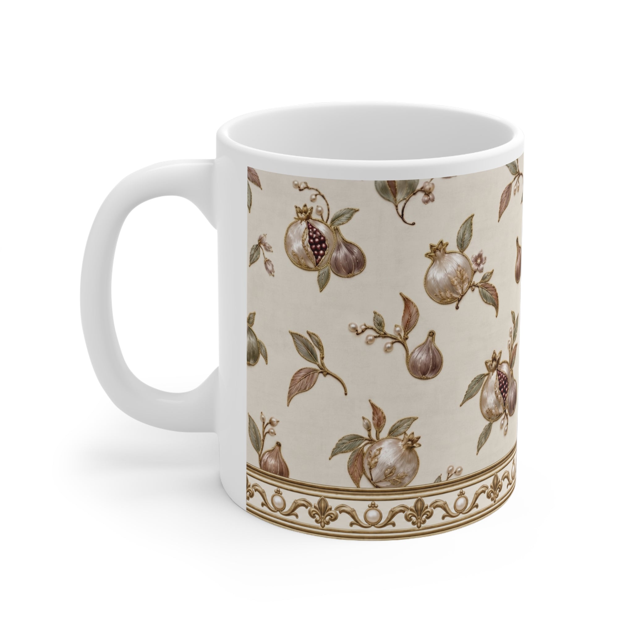 Pomegranate Mug, Antique Gold Botanical Coffee Cup, Elegant Mediterranean Fall Mug, Thanksgiving Gift, Neutral Kitchen Decor