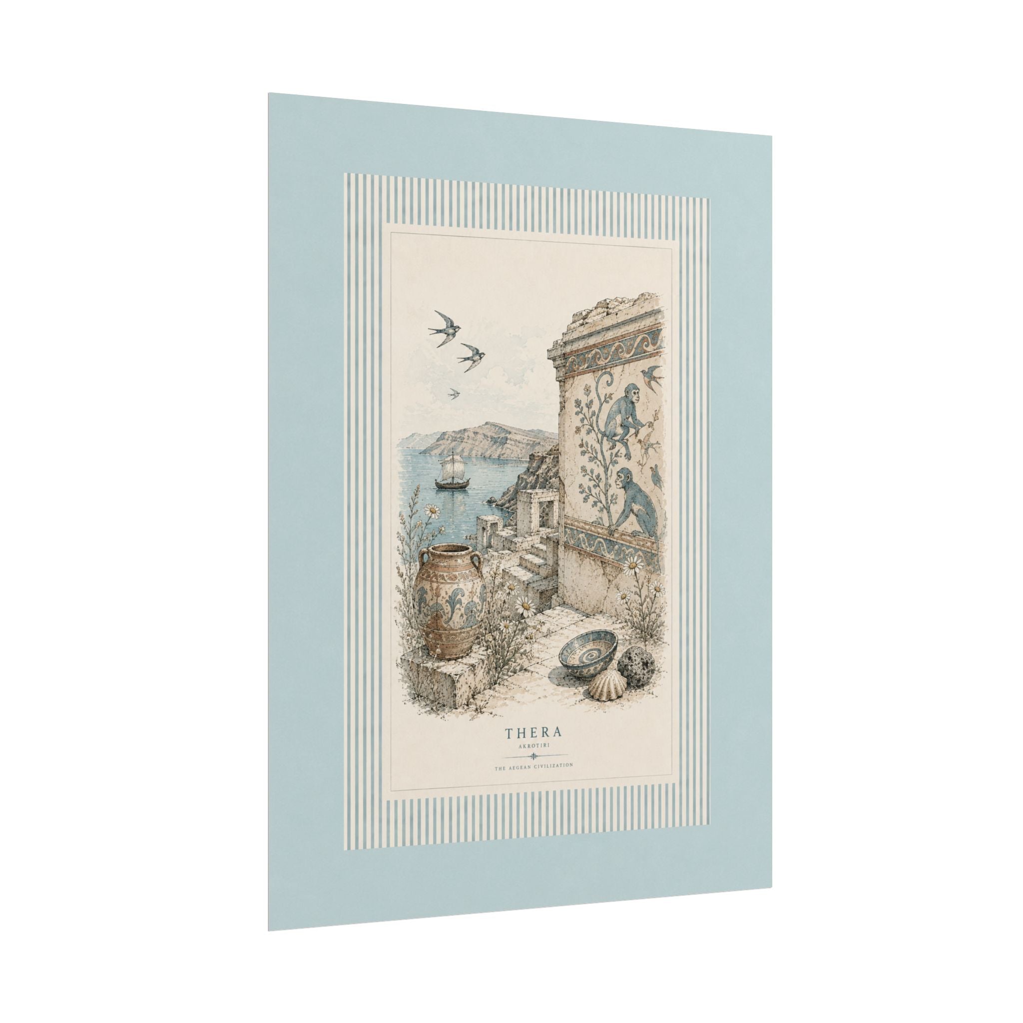 Thera Aegean Fresco Rolled Poster | Ancient Minoan Monkey & Ruins Illustration | Coastal Blue Home Decor, Solen