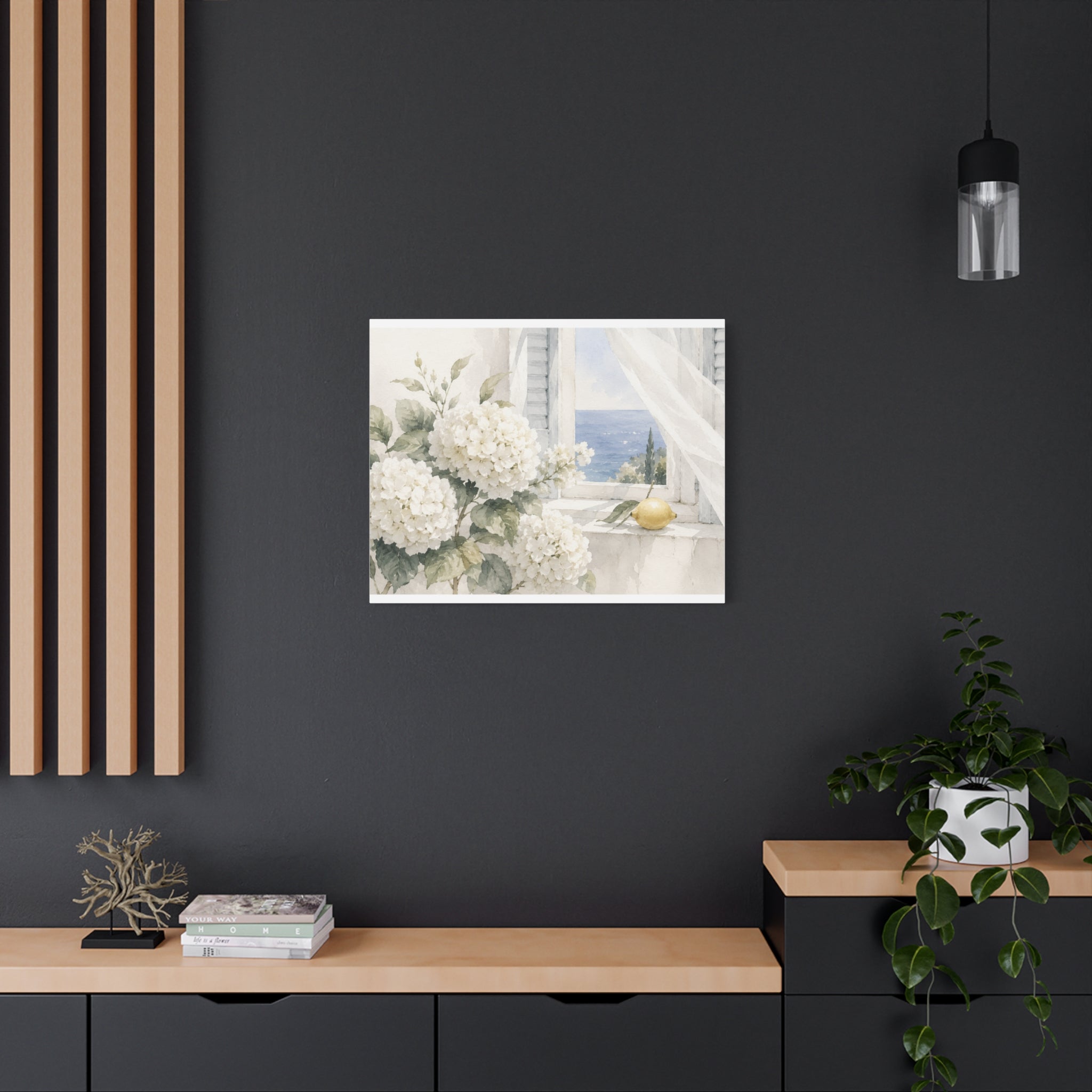 White Summer Window Canvas Wall Art, Hydrangea & Sea Watercolor Print, Coastal Cottage Bedroom Decor, Blue Seaside Art, Solen
