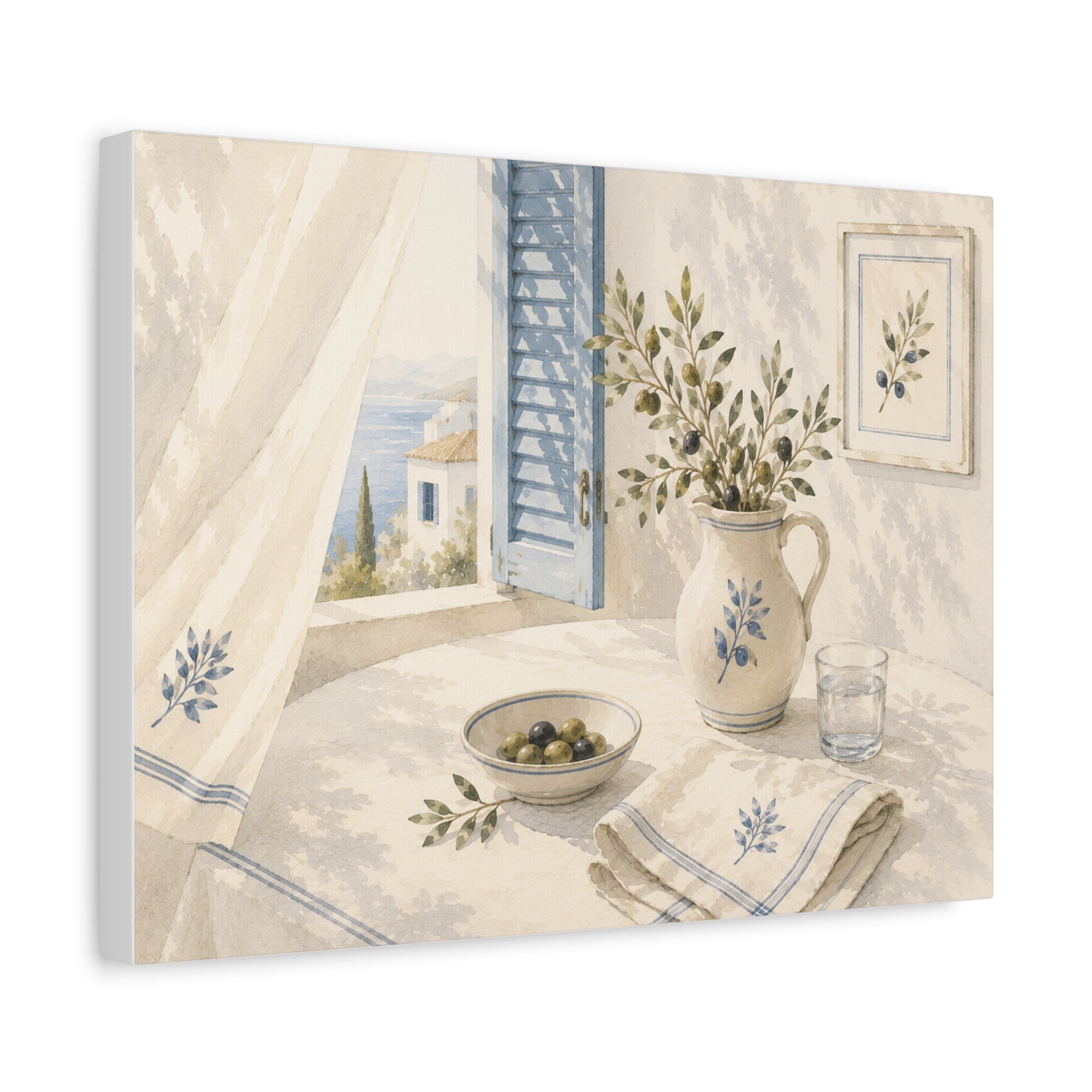Mediterranean Window Canvas Wall Art, Blue Shutters & Olive Branch Print, Coastal Ceramic Still Life Decor, Window Stories, Solen
