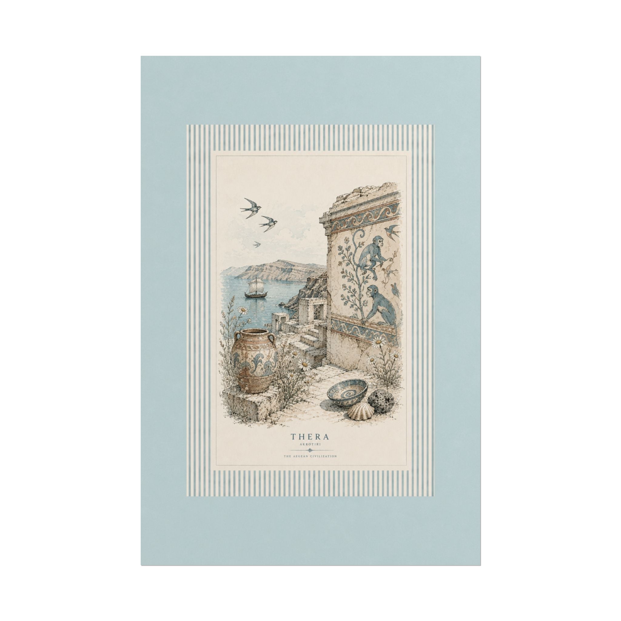 Thera Aegean Fresco Rolled Poster | Ancient Minoan Monkey & Ruins Illustration | Coastal Blue Home Decor, Solen