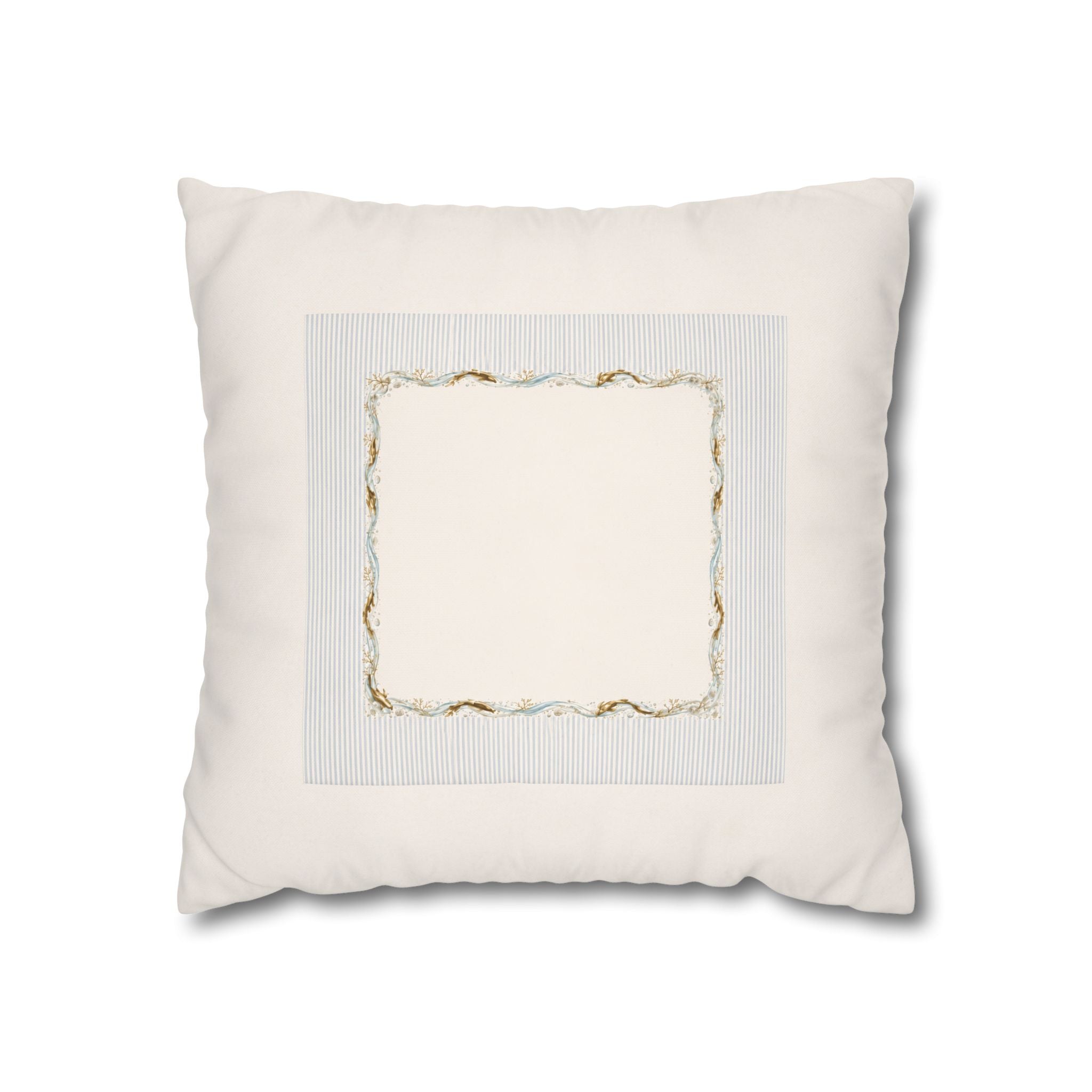 Embroidered Scalloped Edge Throw Pillow Cover, Blue & Gold Trim Decorative Cushion, French Country Farmhouse Home Decor, Square Pillow