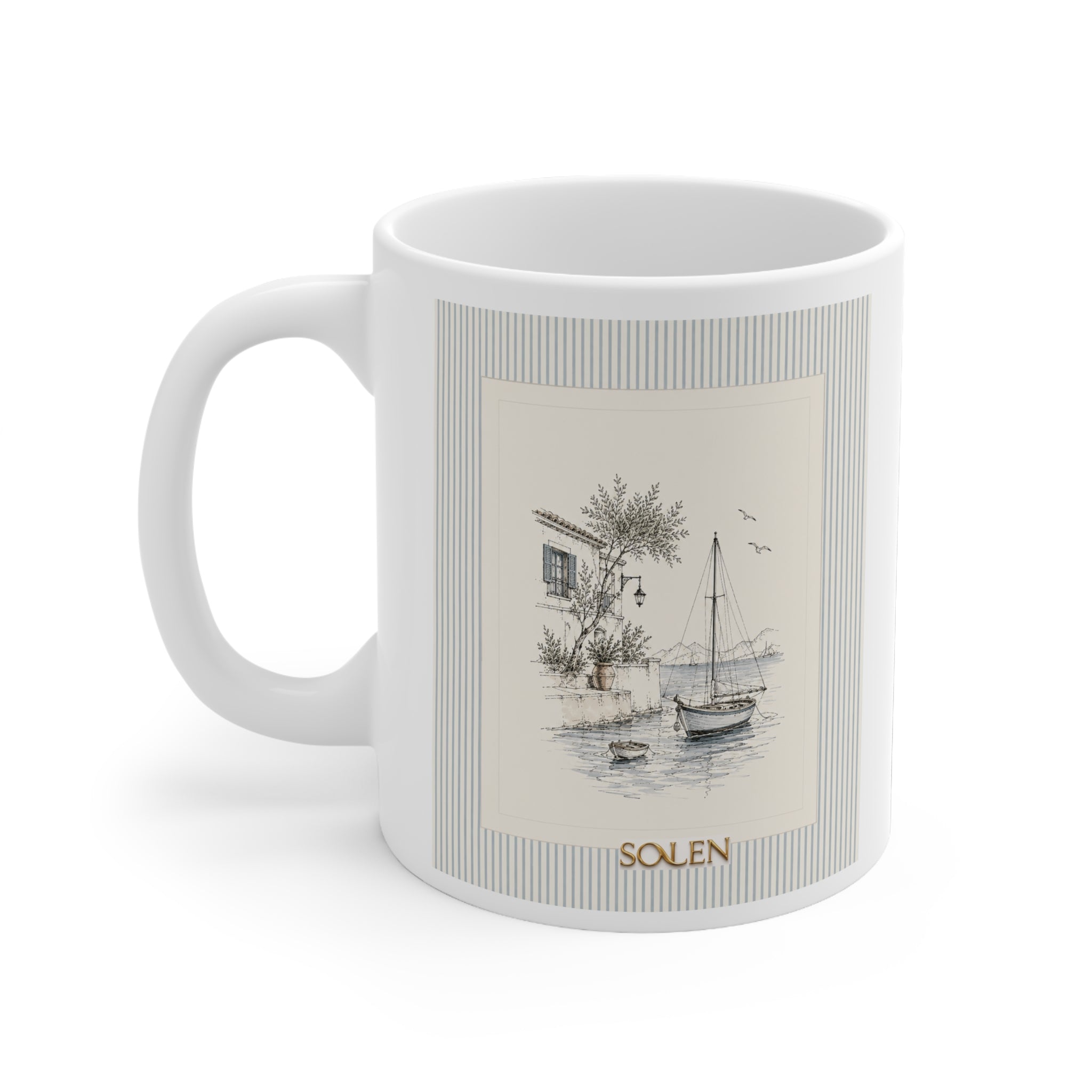 Mediterranean Sailboat Mug, Blue Striped Coastal Coffee Cup, Aegean Sea Ceramic Mug, Nautical Kitchen Decor, Coastal Gift