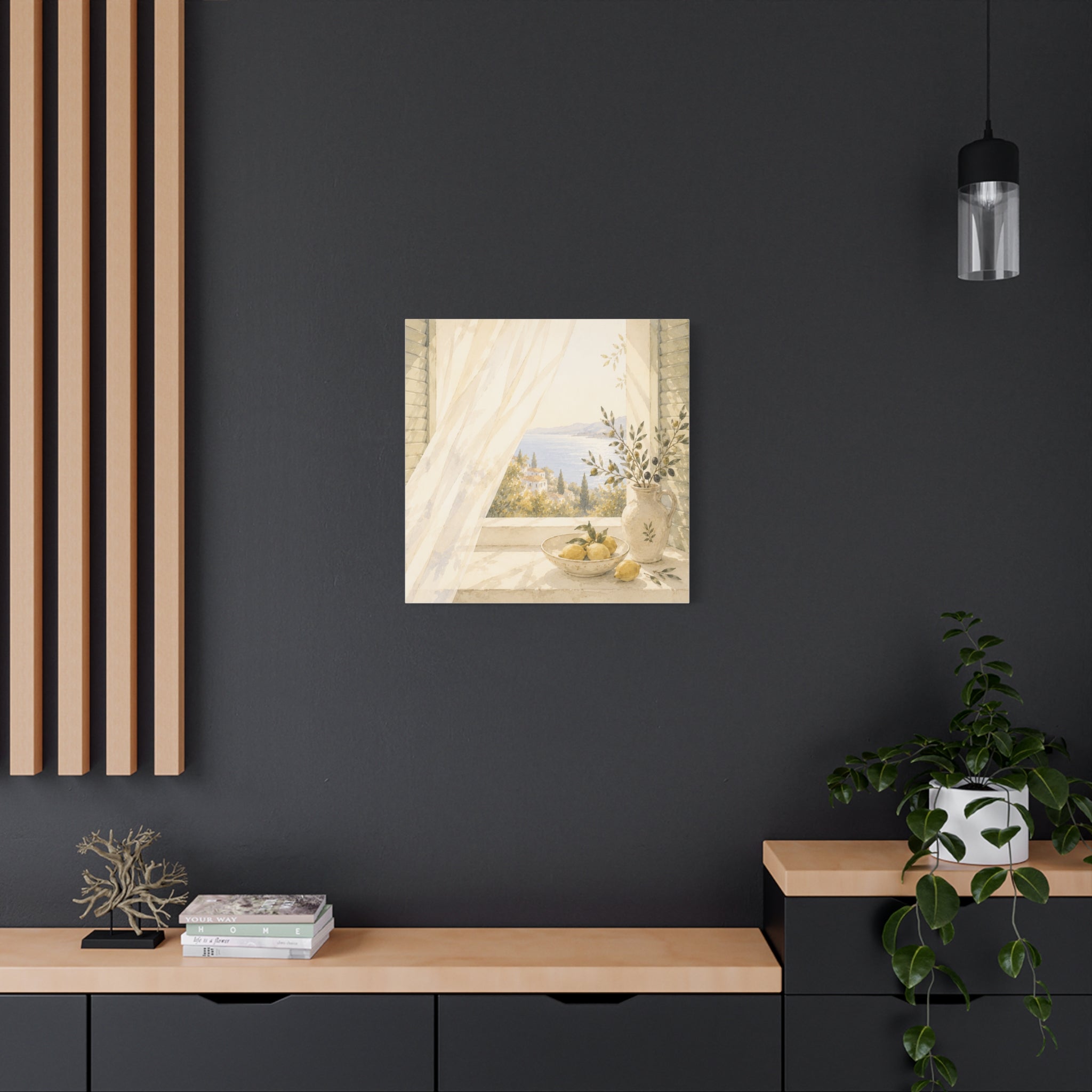 Golden Morning Window Canvas Wall Art, Mediterranean Lemon & Olive Print, Sunlit Linen Curtain Coastal Decor, Window Stories, Solen