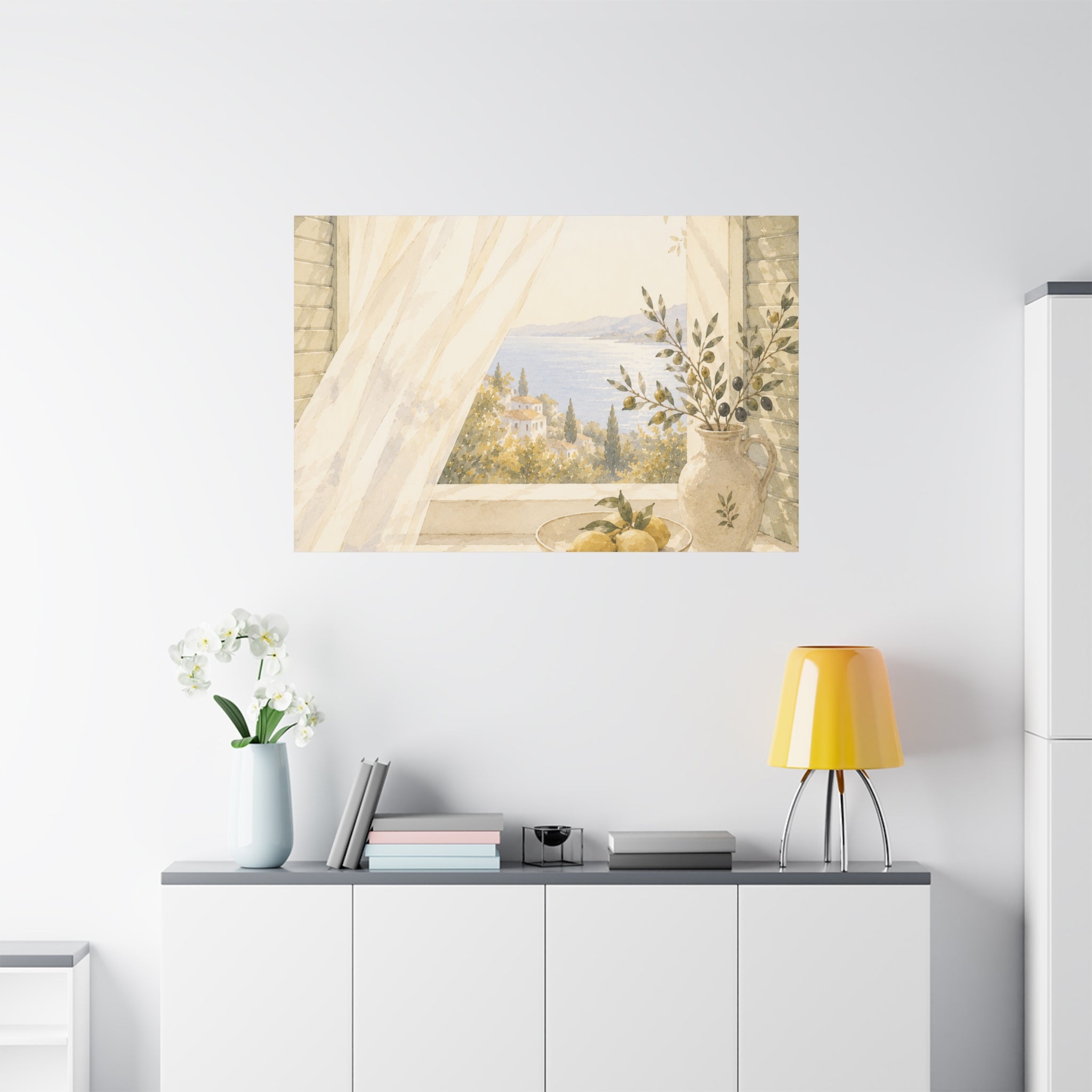 Golden Morning Window Canvas Wall Art, Mediterranean Lemon & Olive Print, Sunlit Linen Curtain Coastal Decor, Window Stories, Solen