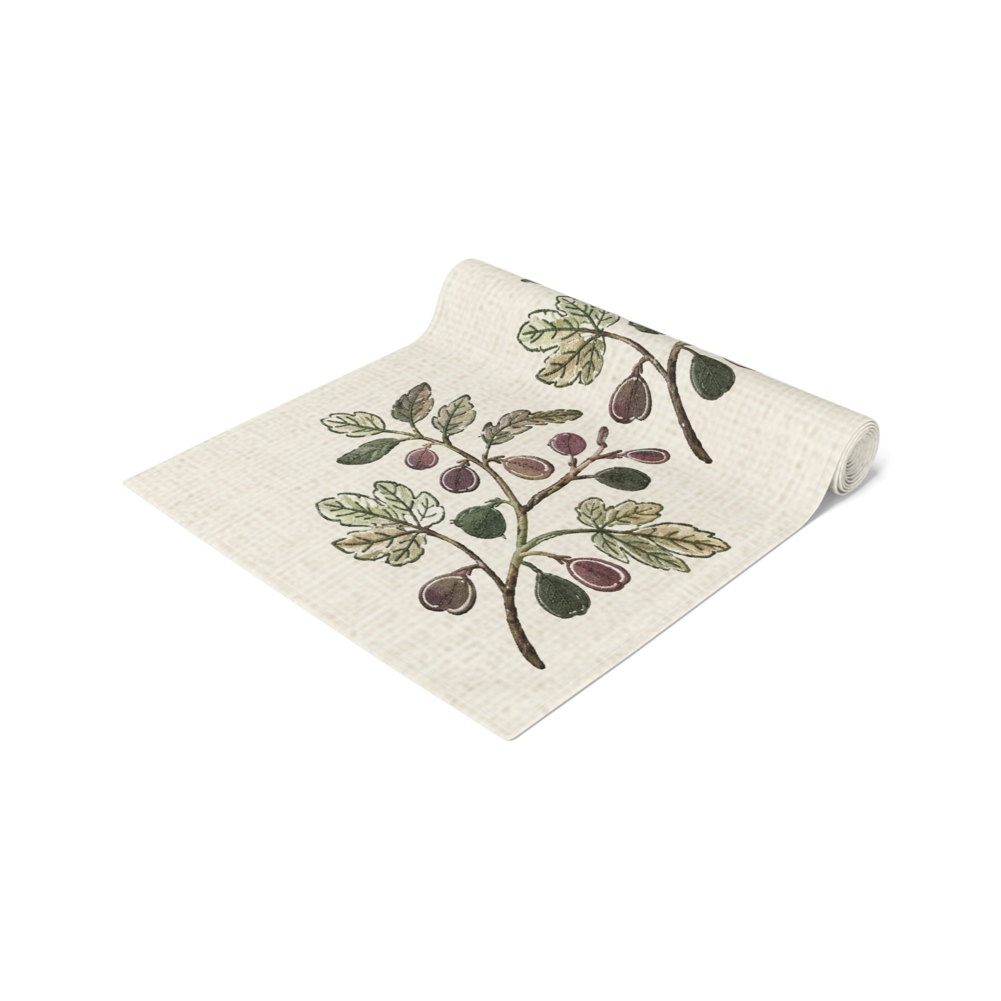 Fig Branch Botanical Table Runner, Cotton Mediterranean Runner, Neutral Fig Tree Kitchen Decor, Rustic Dining Linen, Solen