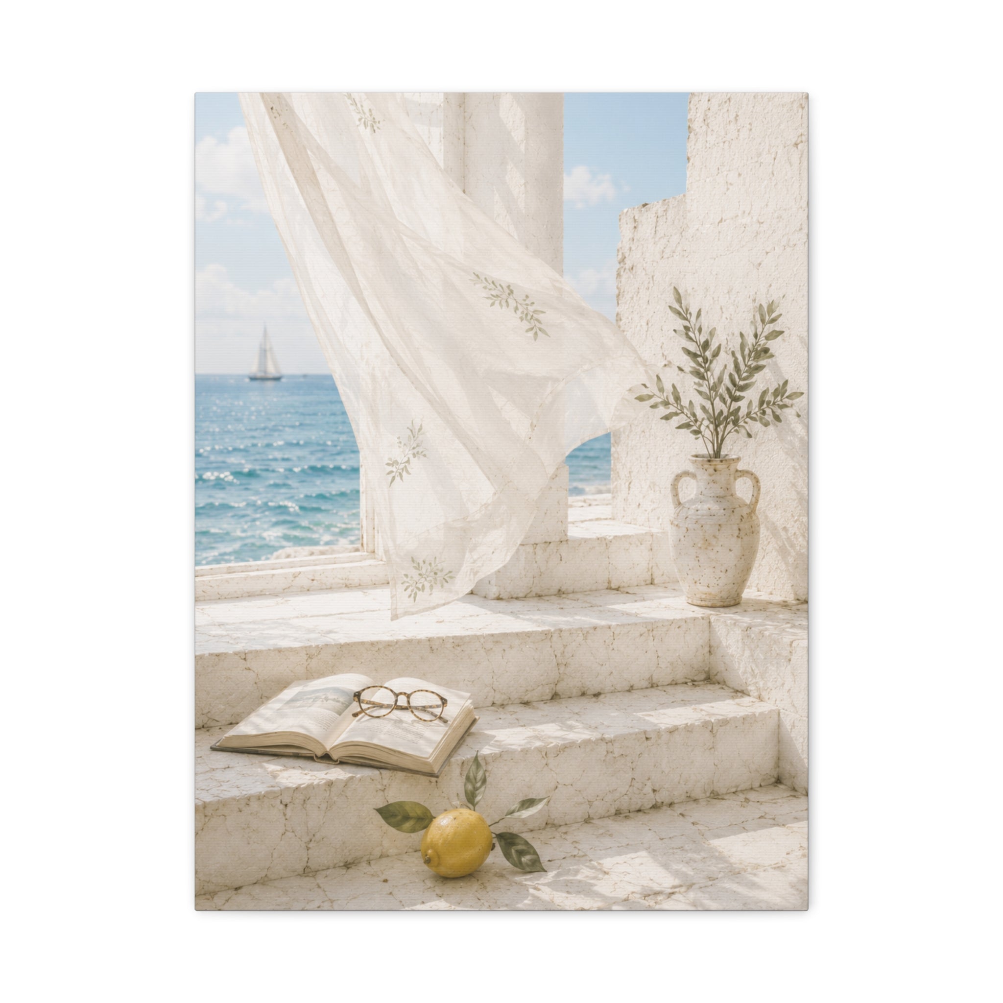 Mediterranean Coastal Wall Art, Seaside Summer Print, Blue Ocean & Lemon Art, Mediterranean Home Decor, Coastal Wall Decor, Solen