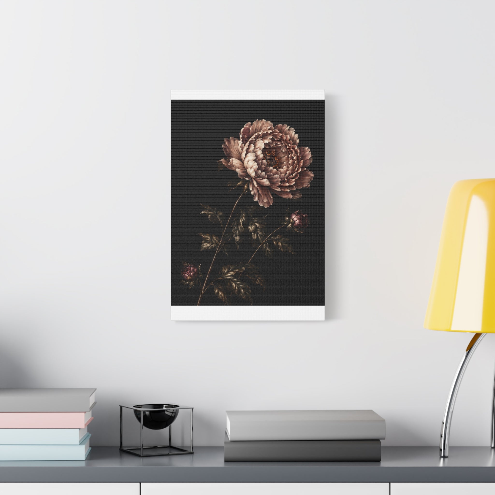 Blush Peony Canvas Wall Art, Velvet Botanical Print on Black, Romantic Floral Painting, Elegant Peony Wall Decor, Solen