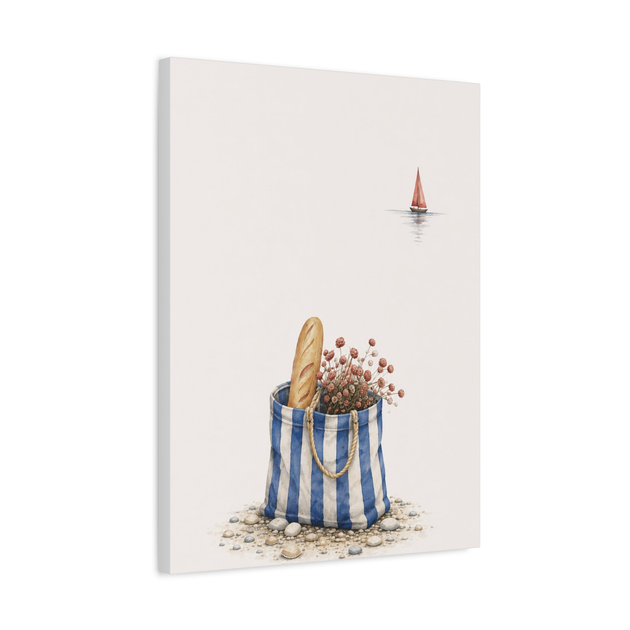 Market Bag by the Sea Canvas Print – Blue & Salt Mediterranean Kitchen Wall Art | Solen