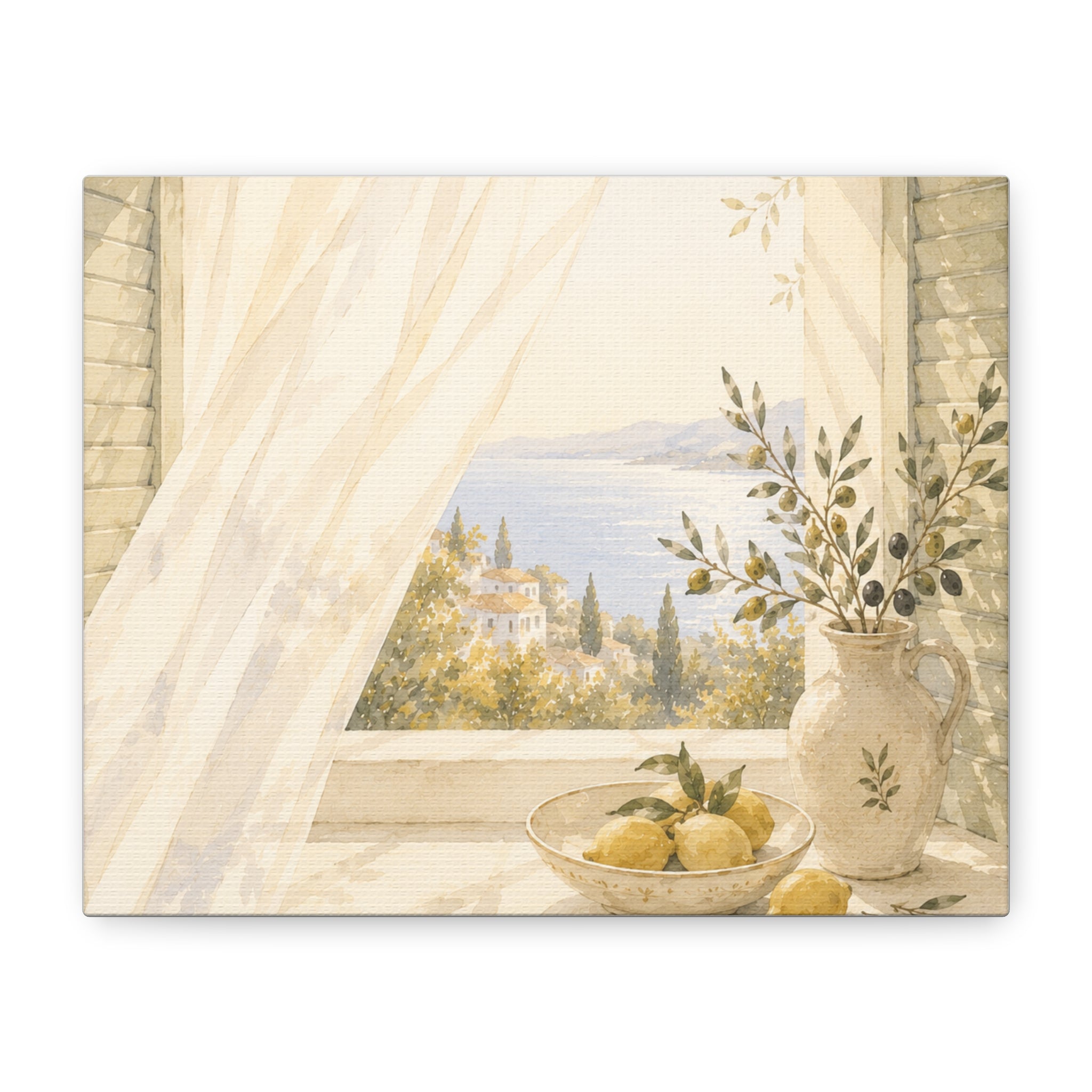 Golden Morning Window Canvas Wall Art, Mediterranean Lemon & Olive Print, Sunlit Linen Curtain Coastal Decor, Window Stories, Solen