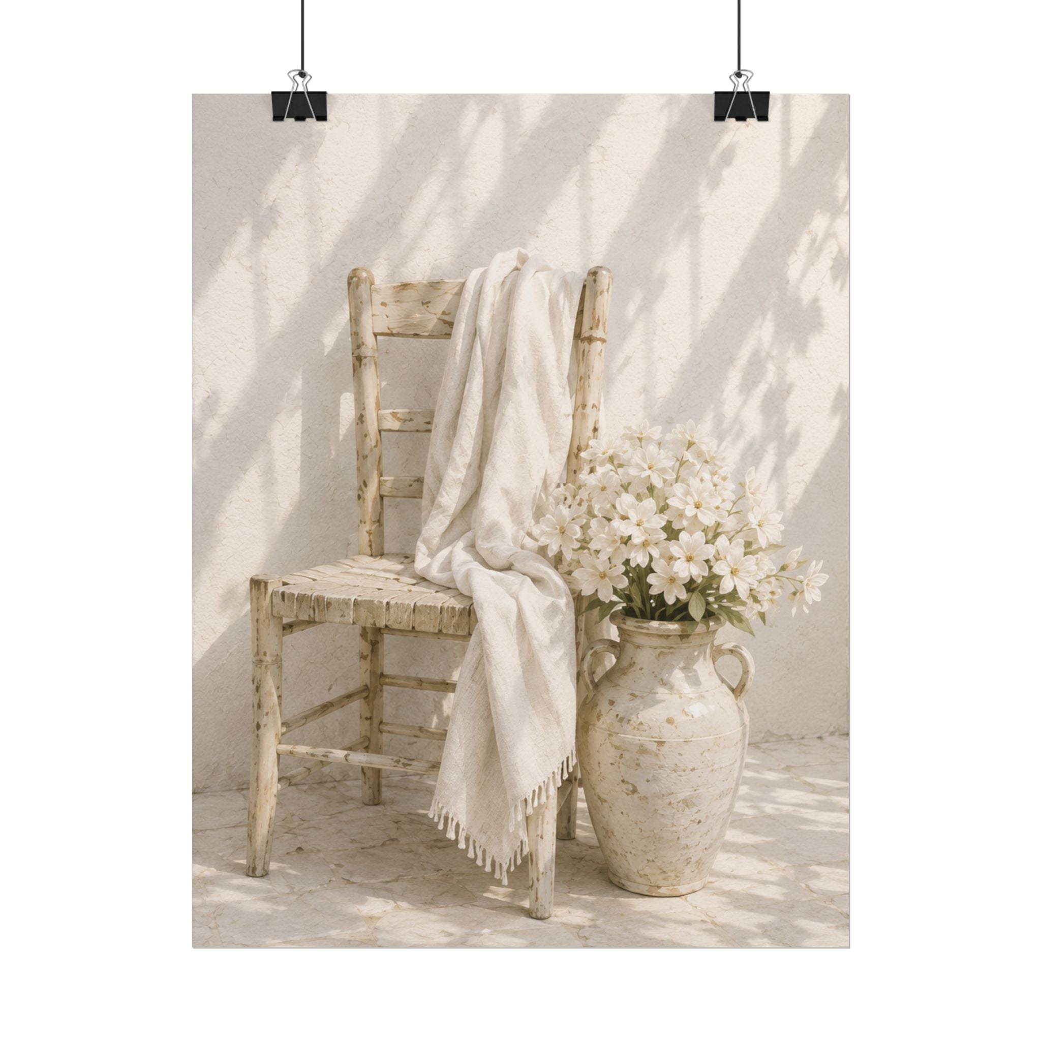 Mediterranean Poster, Neutral Coastal Wall Art, Rustic Chair & White Flowers Print, Minimalist Mediterranean Home Decor, Solen