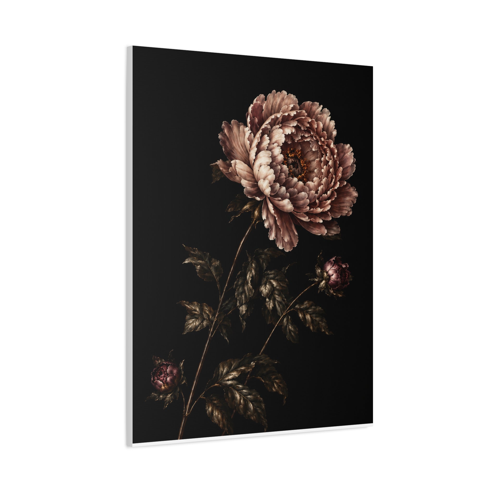 Blush Peony Canvas Wall Art, Velvet Botanical Print on Black, Romantic Floral Painting, Elegant Peony Wall Decor, Solen