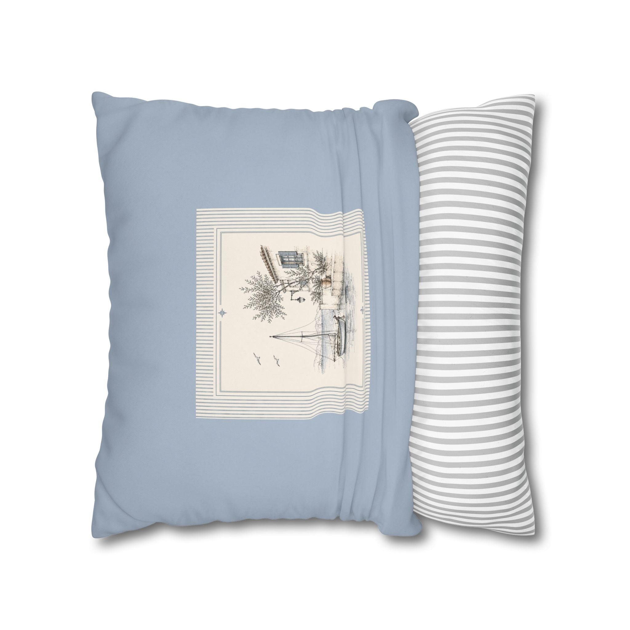Coastal Sailboat Square Pillowcase, Blue Nautical Harbor Print Cushion, Beach House Sofa Decor, Square Throw Pillow, Solen