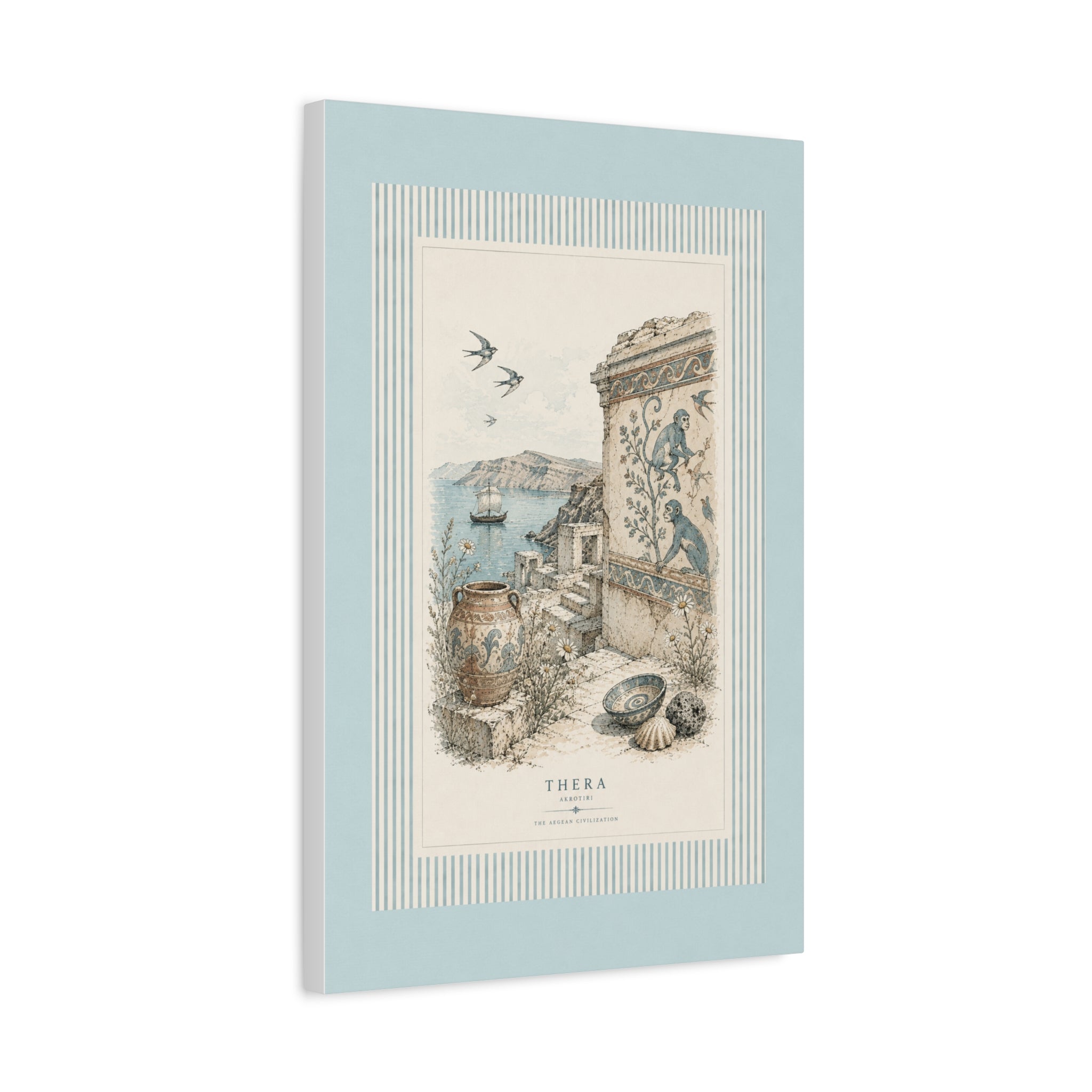 Thera Aegean Fresco Canvas Wall Art | Ancient Minoan Monkey & Ruins Illustration | Coastal Blue Home Decor, Solen