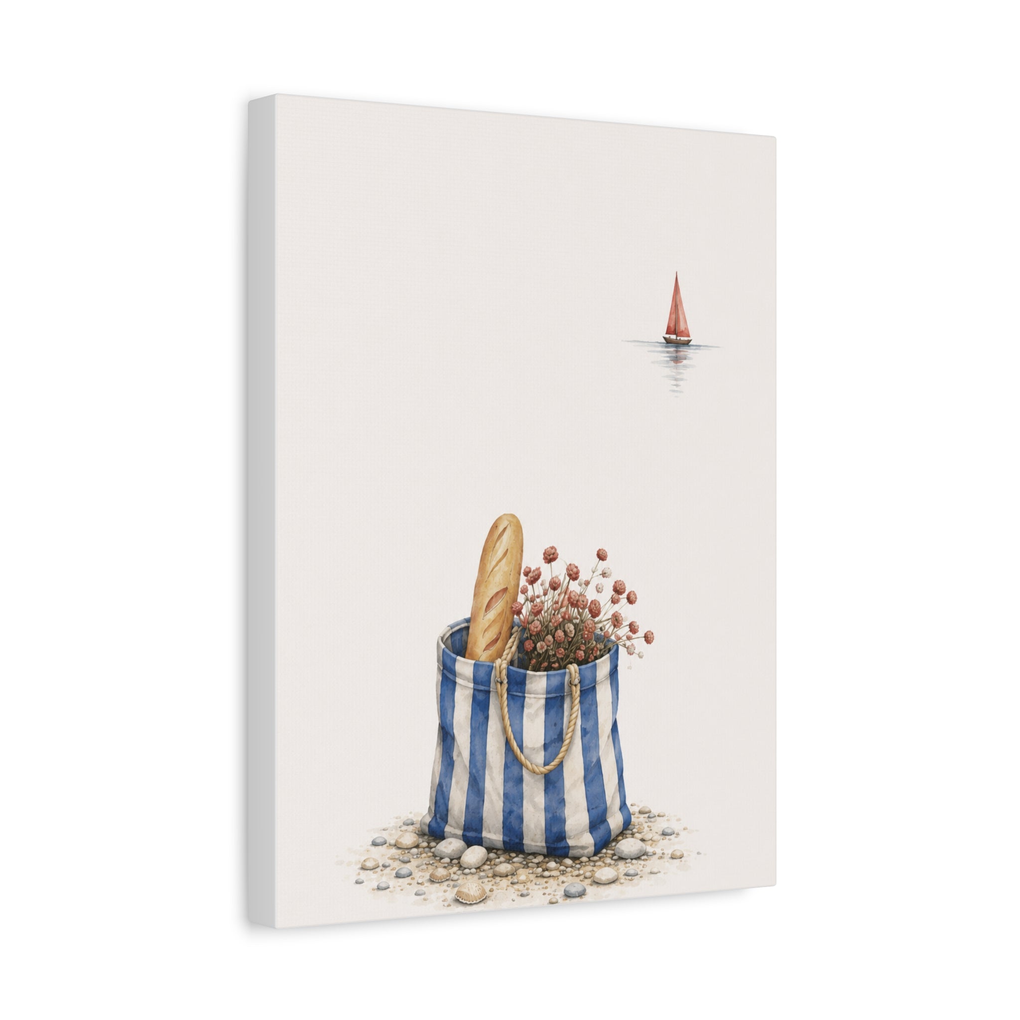 Market Bag by the Sea Canvas Print – Blue & Salt Mediterranean Kitchen Wall Art | Solen