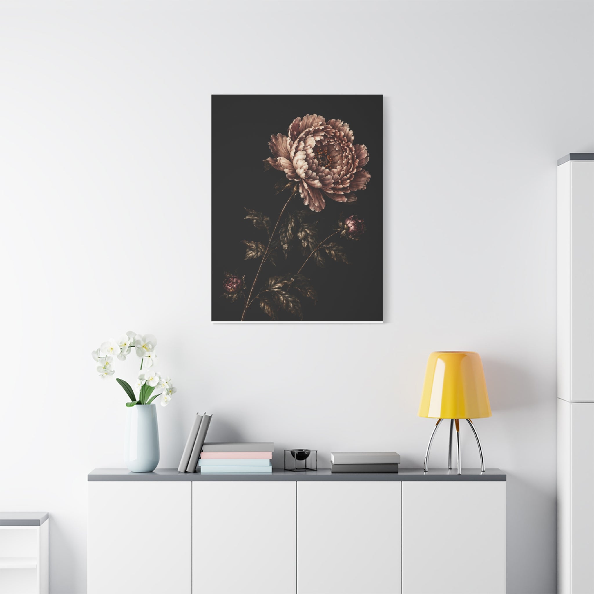 Blush Peony Canvas Wall Art, Velvet Botanical Print on Black, Romantic Floral Painting, Elegant Peony Wall Decor, Solen