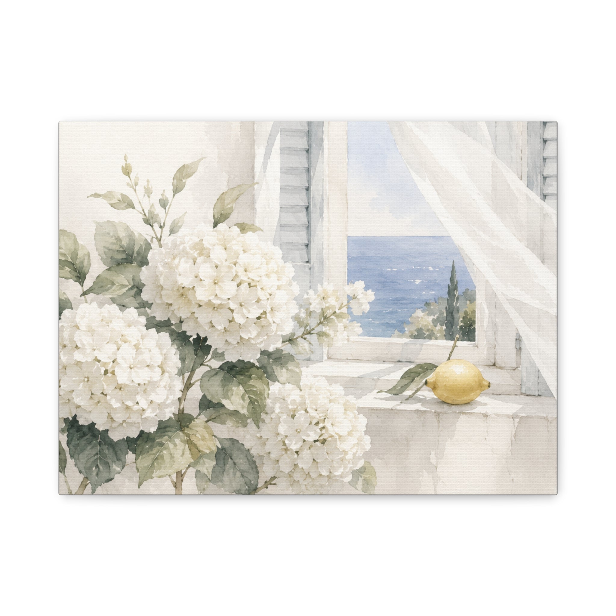 White Summer Window Canvas Wall Art, Hydrangea & Sea Watercolor Print, Coastal Cottage Bedroom Decor, Blue Seaside Art, Solen