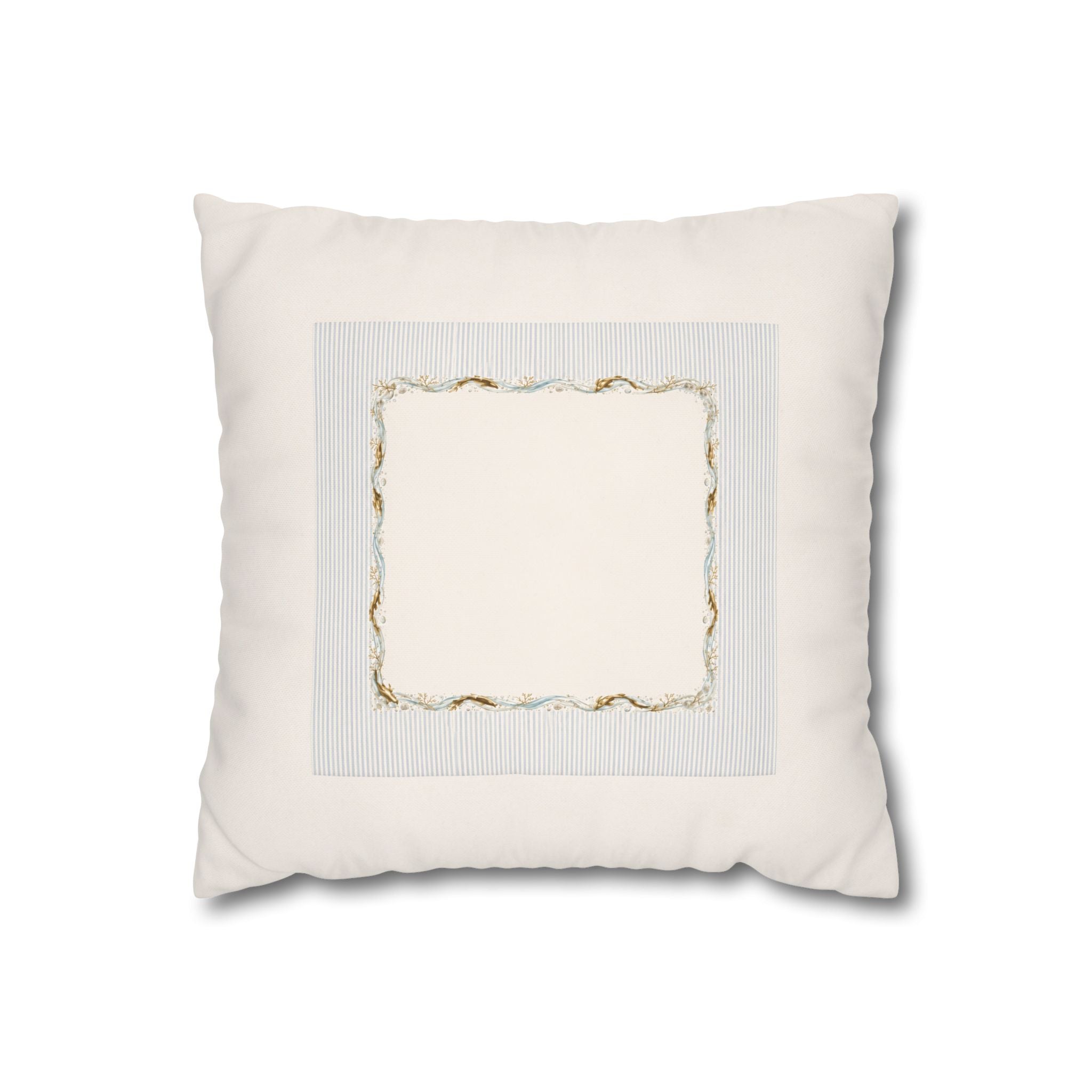 Embroidered Scalloped Edge Throw Pillow Cover, Blue & Gold Trim Decorative Cushion, French Country Farmhouse Home Decor, Square Pillow