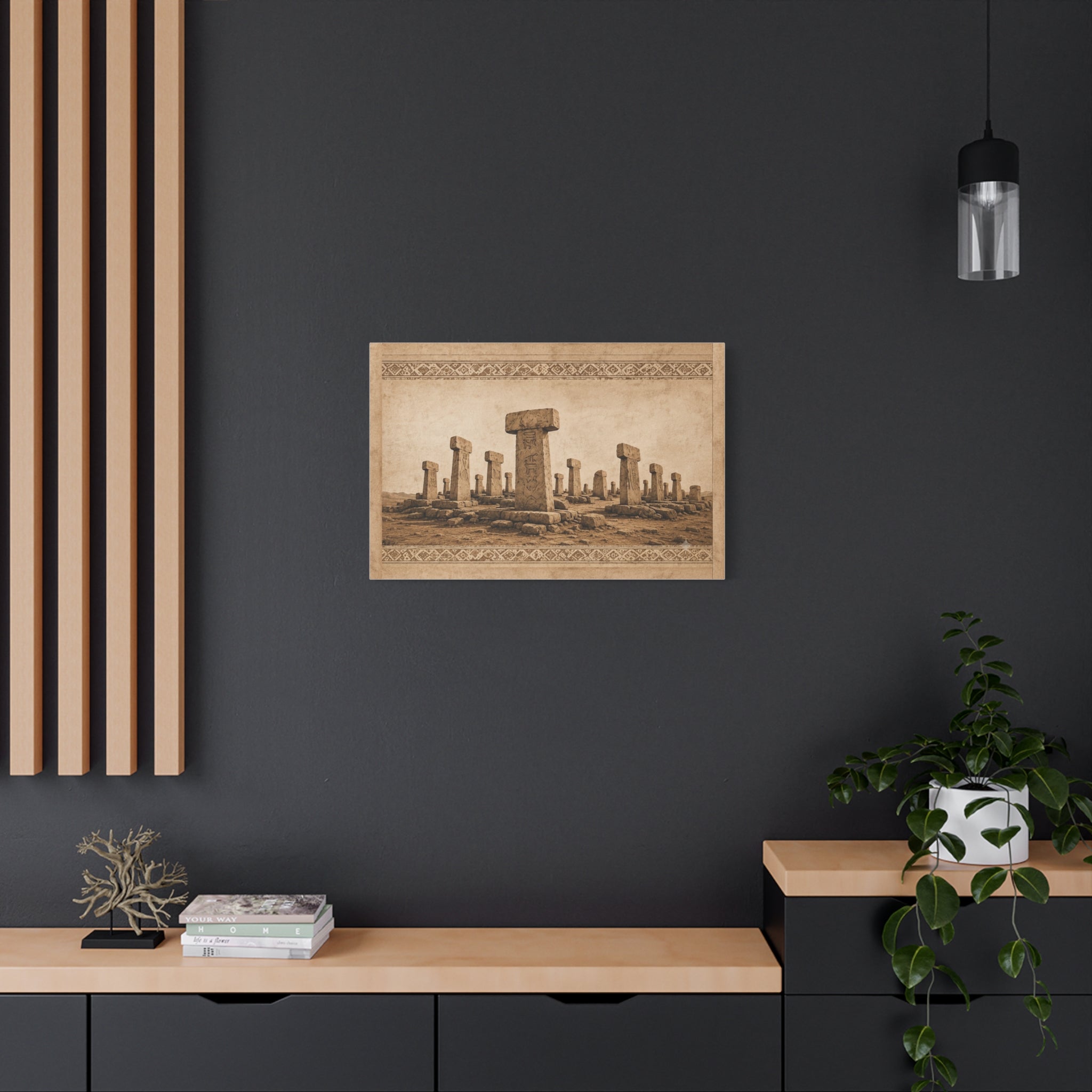 Göbeklitepe Wall Art Canvas, Ancient Stone Pillars Print, Sepia Archaeological Landscape, Anatolian Border Design, Large Wall Decor, Solen