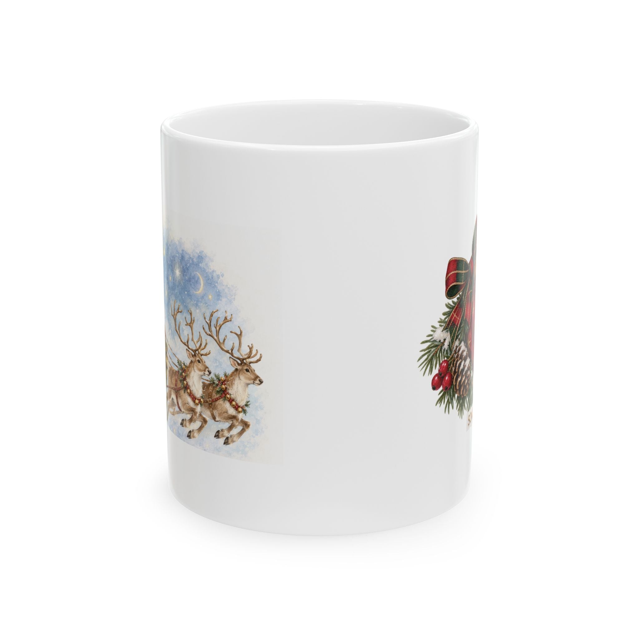 Christmas Reindeer & Wreath Ceramic Mug – Festive Holiday Coffee Cup (11oz, 15oz)