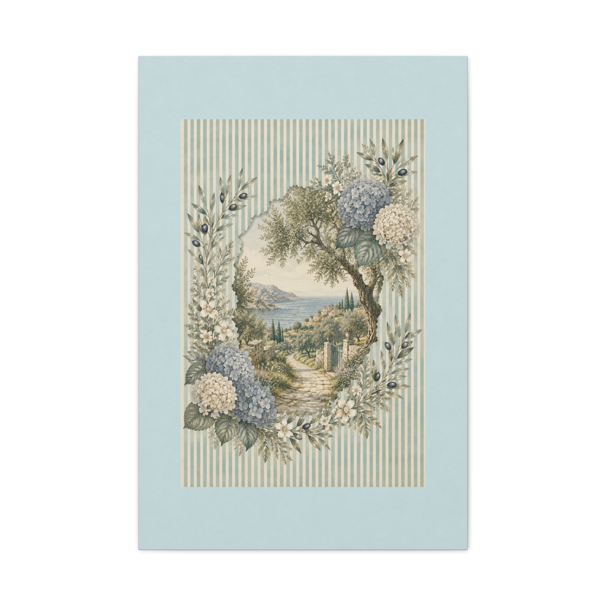 Coastal Garden Canvas Wall Art, Vintage Hydrangea Seaside Landscape Print, Blue Flower Coastal Decor, Cottage Wall Art, Solen