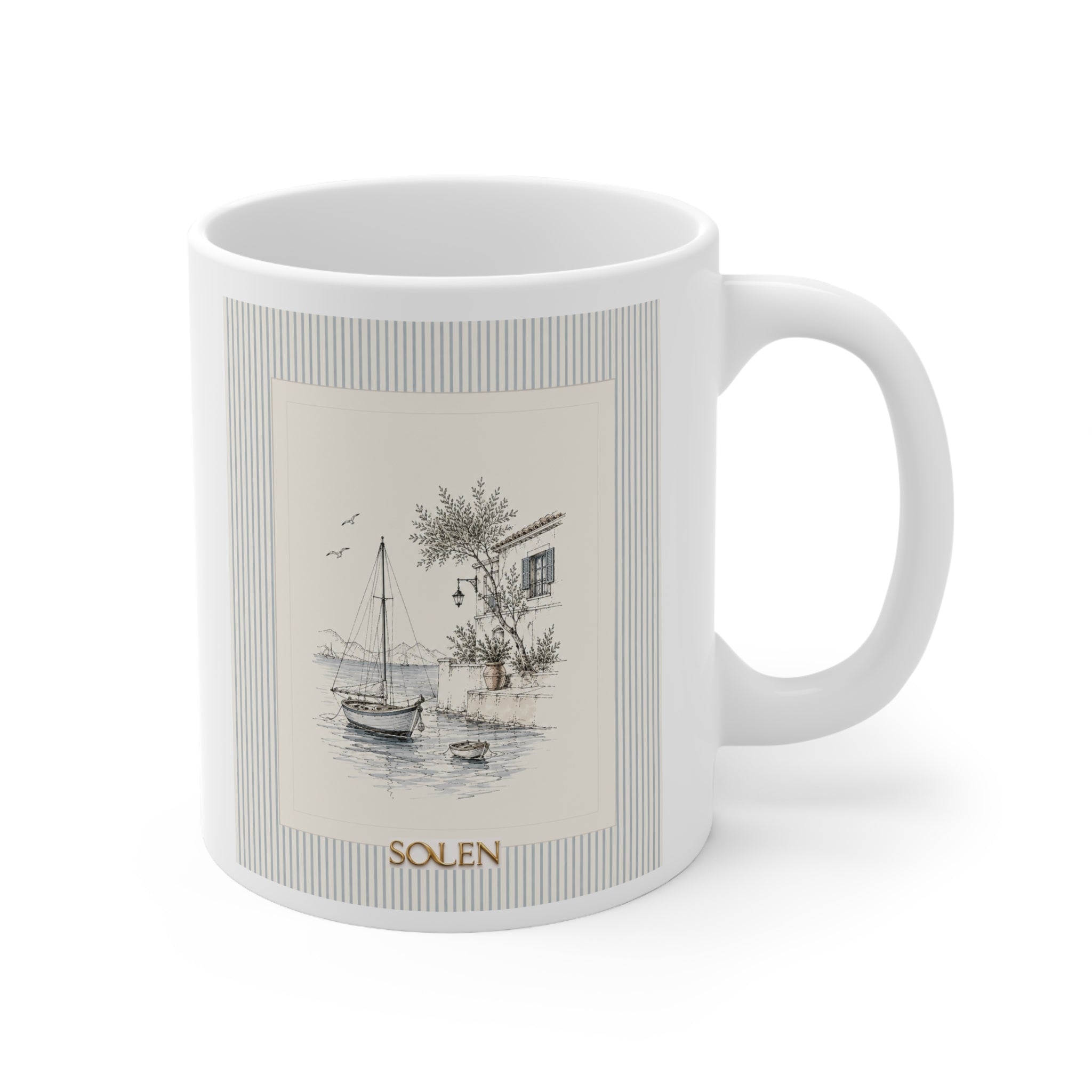 Mediterranean Sailboat Mug, Blue Striped Coastal Coffee Cup, Aegean Sea Ceramic Mug, Nautical Kitchen Decor, Coastal Gift