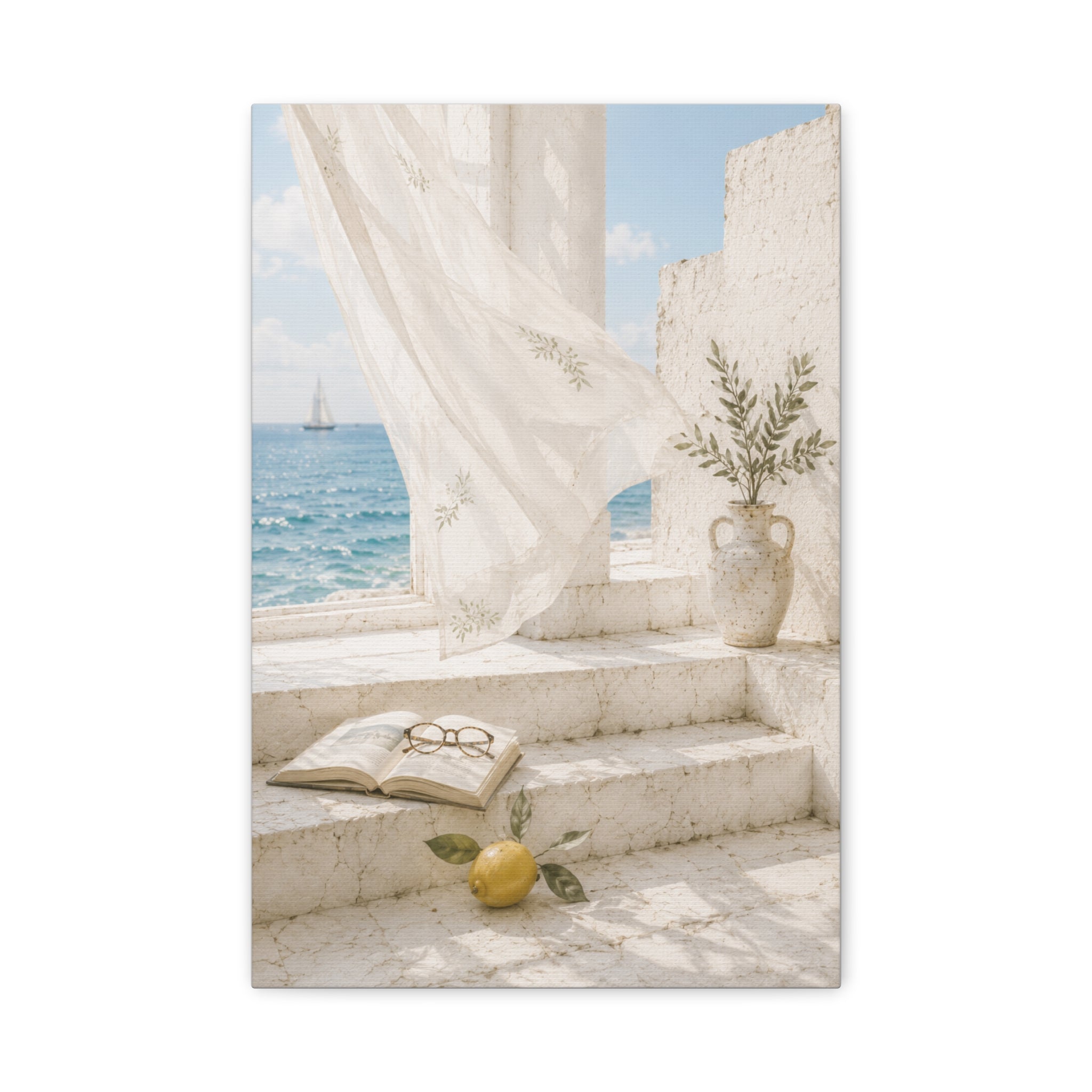 Mediterranean Coastal Wall Art, Seaside Summer Print, Blue Ocean & Lemon Art, Mediterranean Home Decor, Coastal Wall Decor, Solen